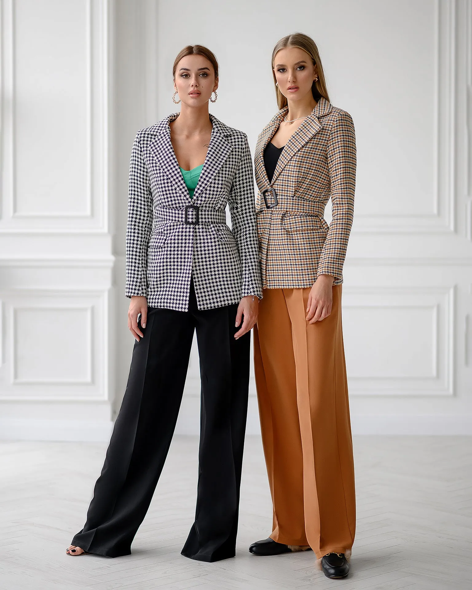 Black Houndstooth Belted Slim-Fit Blazer