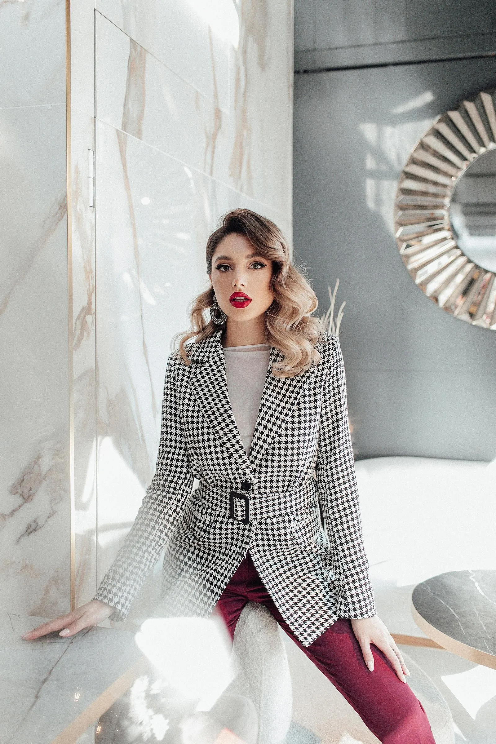 Black Houndstooth Belted Slim-Fit Blazer