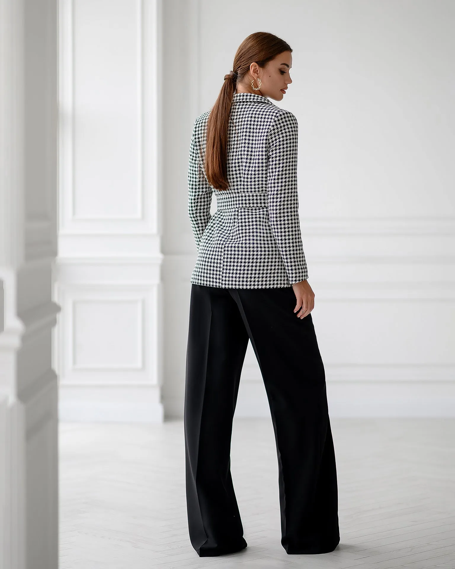 Black Houndstooth Belted Slim-Fit Blazer