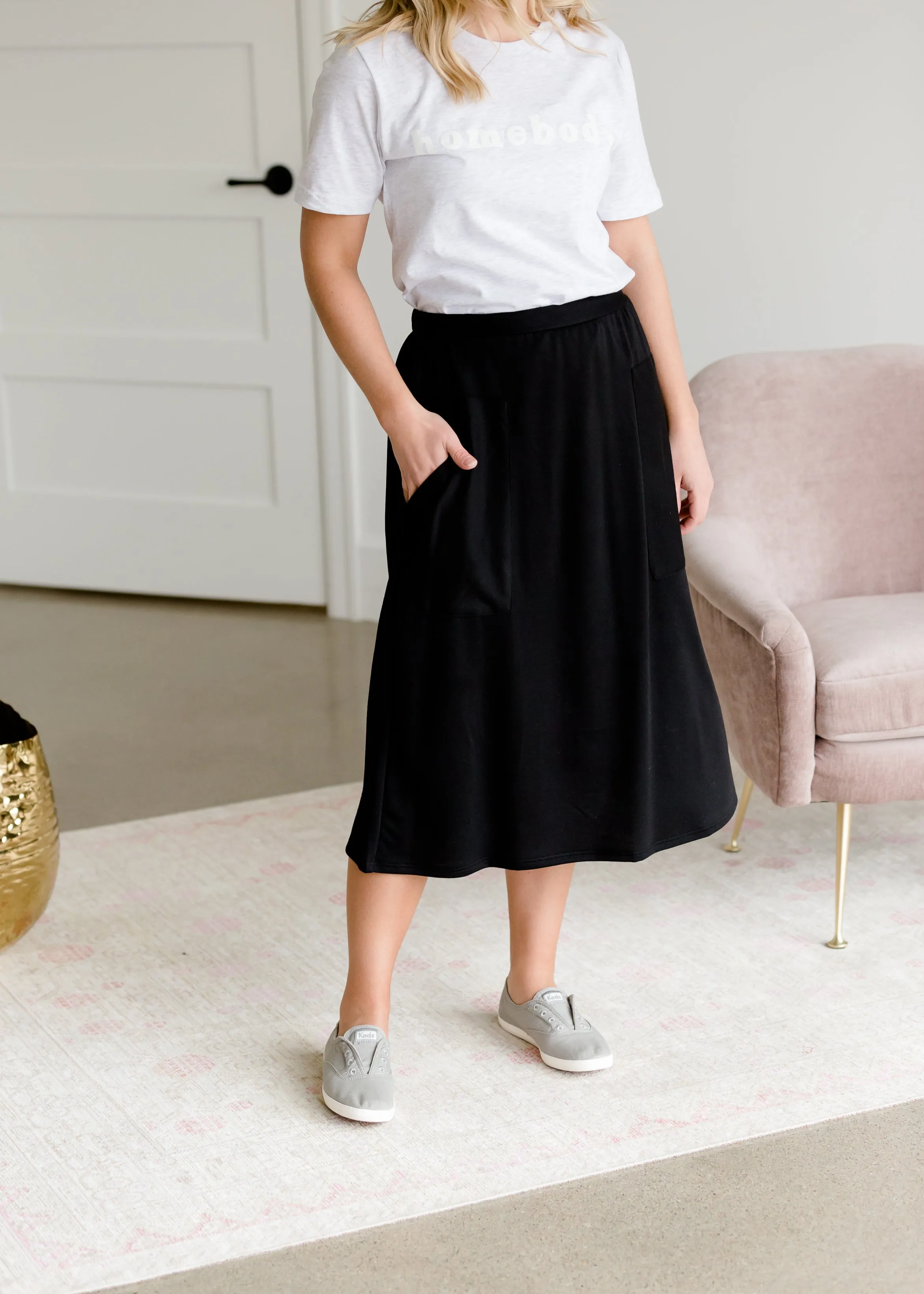 Black Knit Pocket Midi Skirt