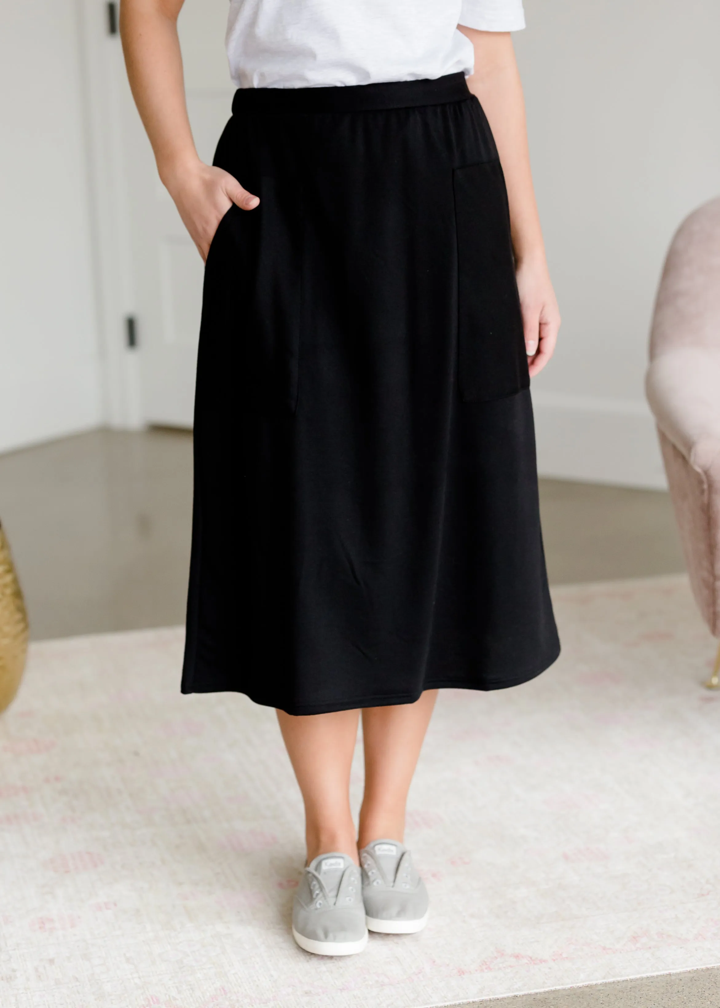 Black Knit Pocket Midi Skirt