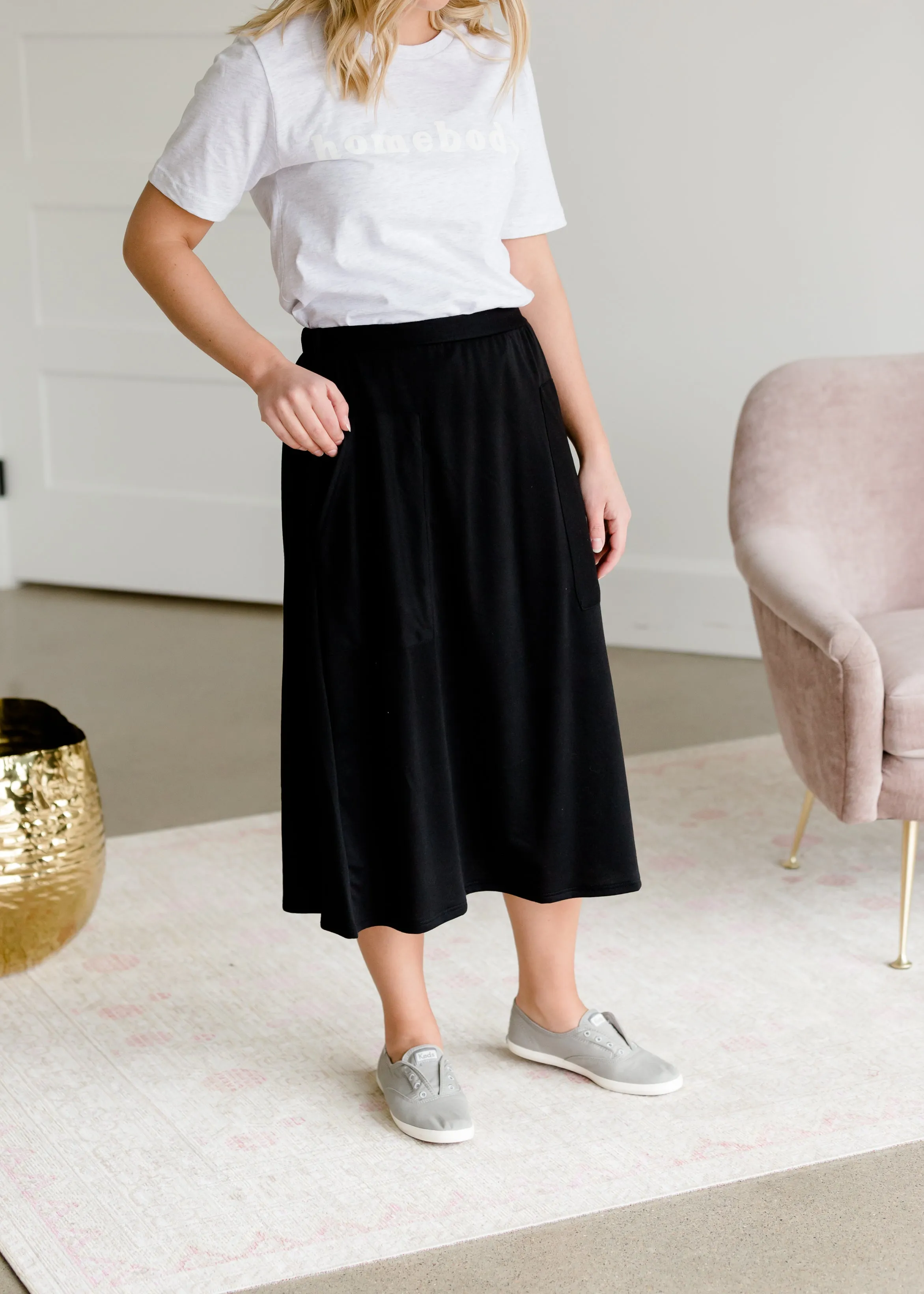 Black Knit Pocket Midi Skirt