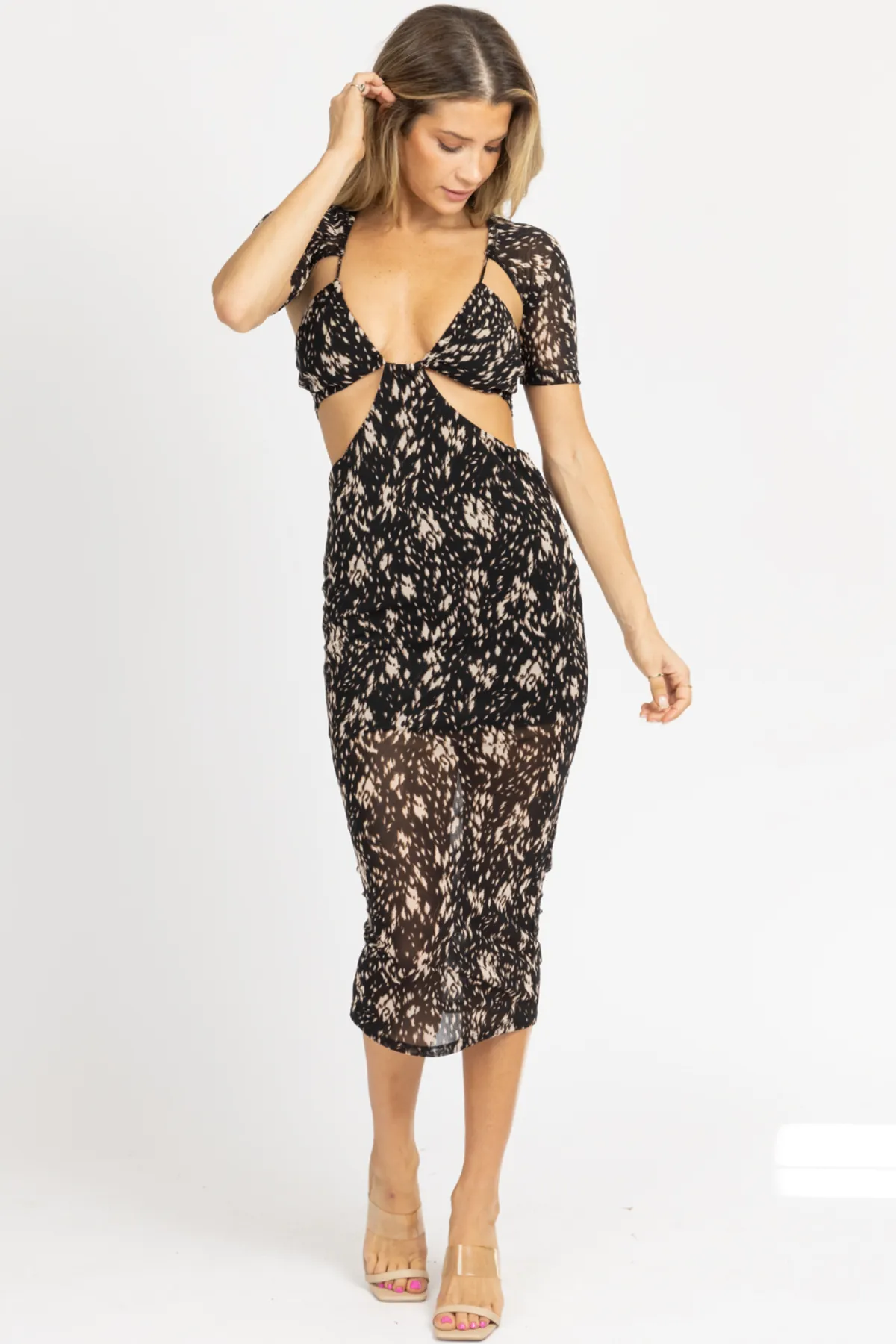 BLACK NEUTRAL CONTRAST OFF SHOULDER MIDI DRESS