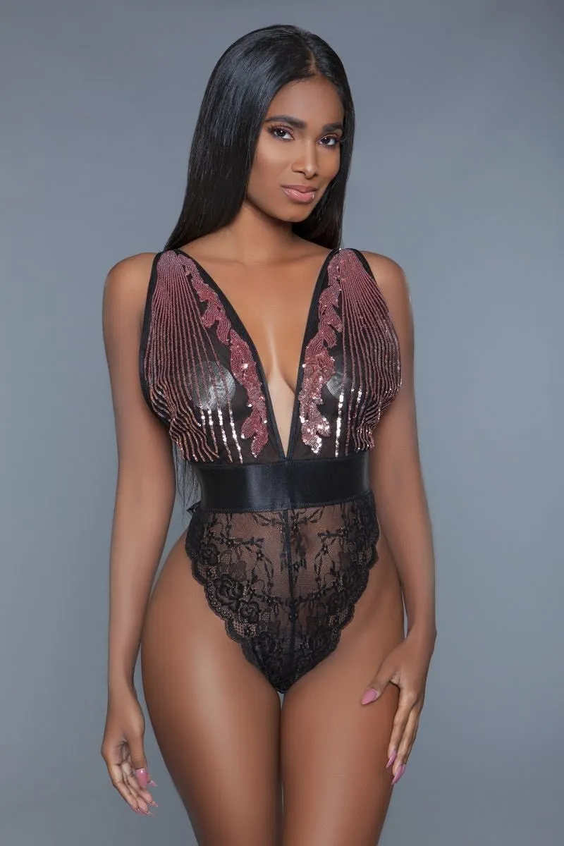 Black Raspberry Sequins Plunging Sheer Bodysuit