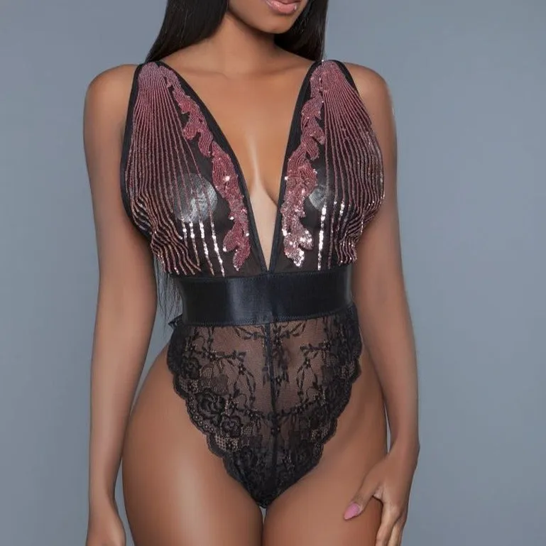 Black Raspberry Sequins Plunging Sheer Bodysuit
