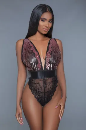 Black Raspberry Sequins Plunging Sheer Bodysuit