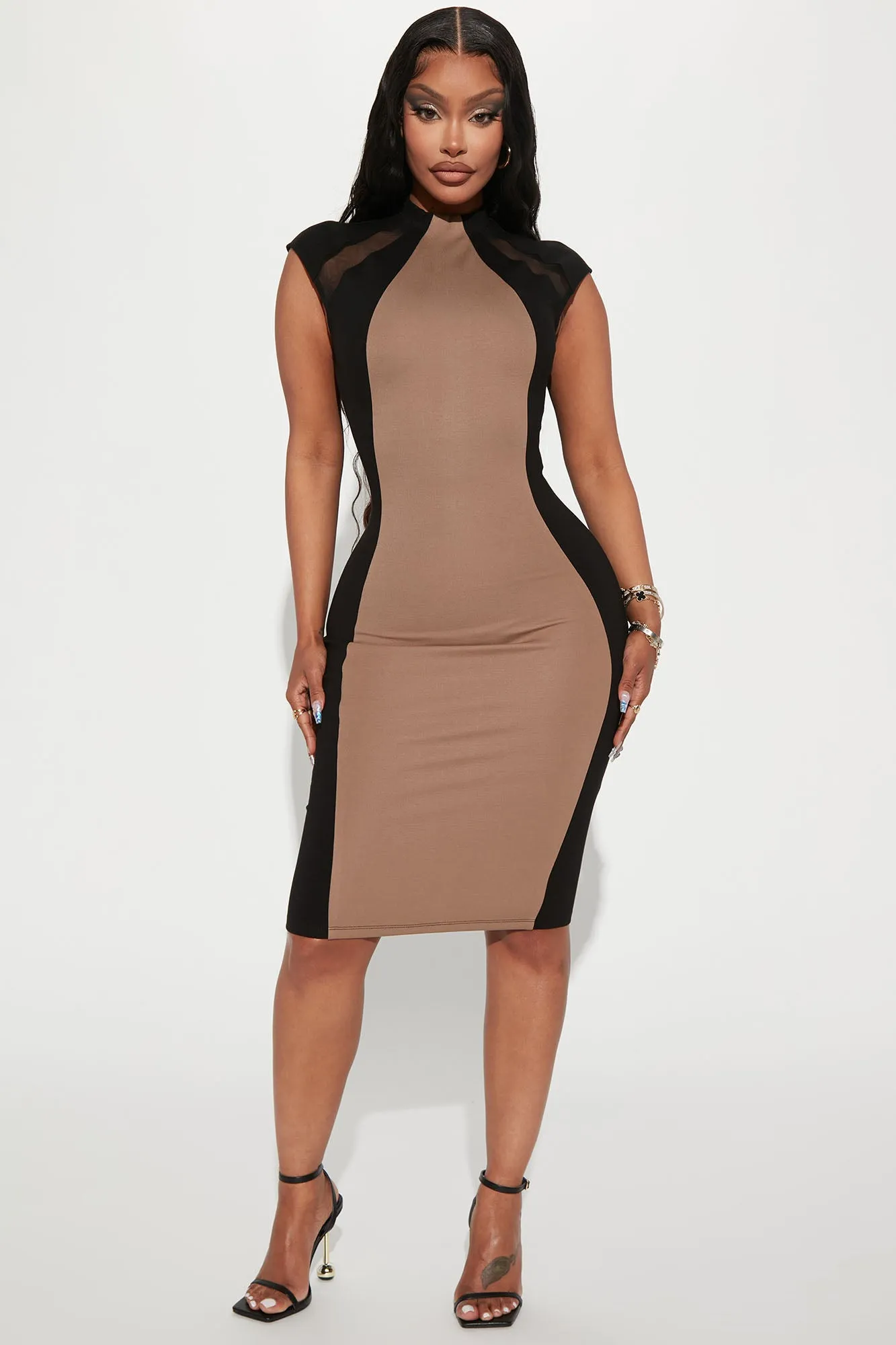 Black Tie Affair Midi Dress - Mocha/combo