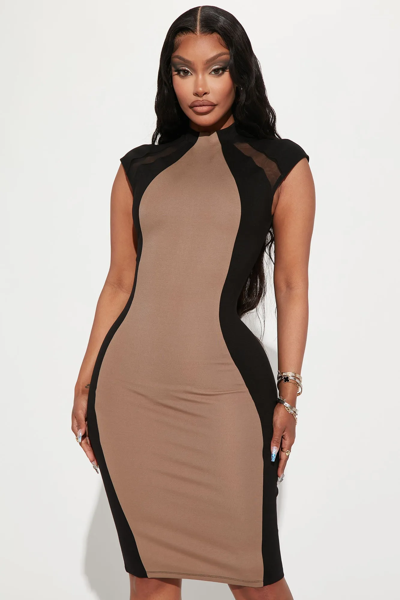Black Tie Affair Midi Dress - Mocha/combo