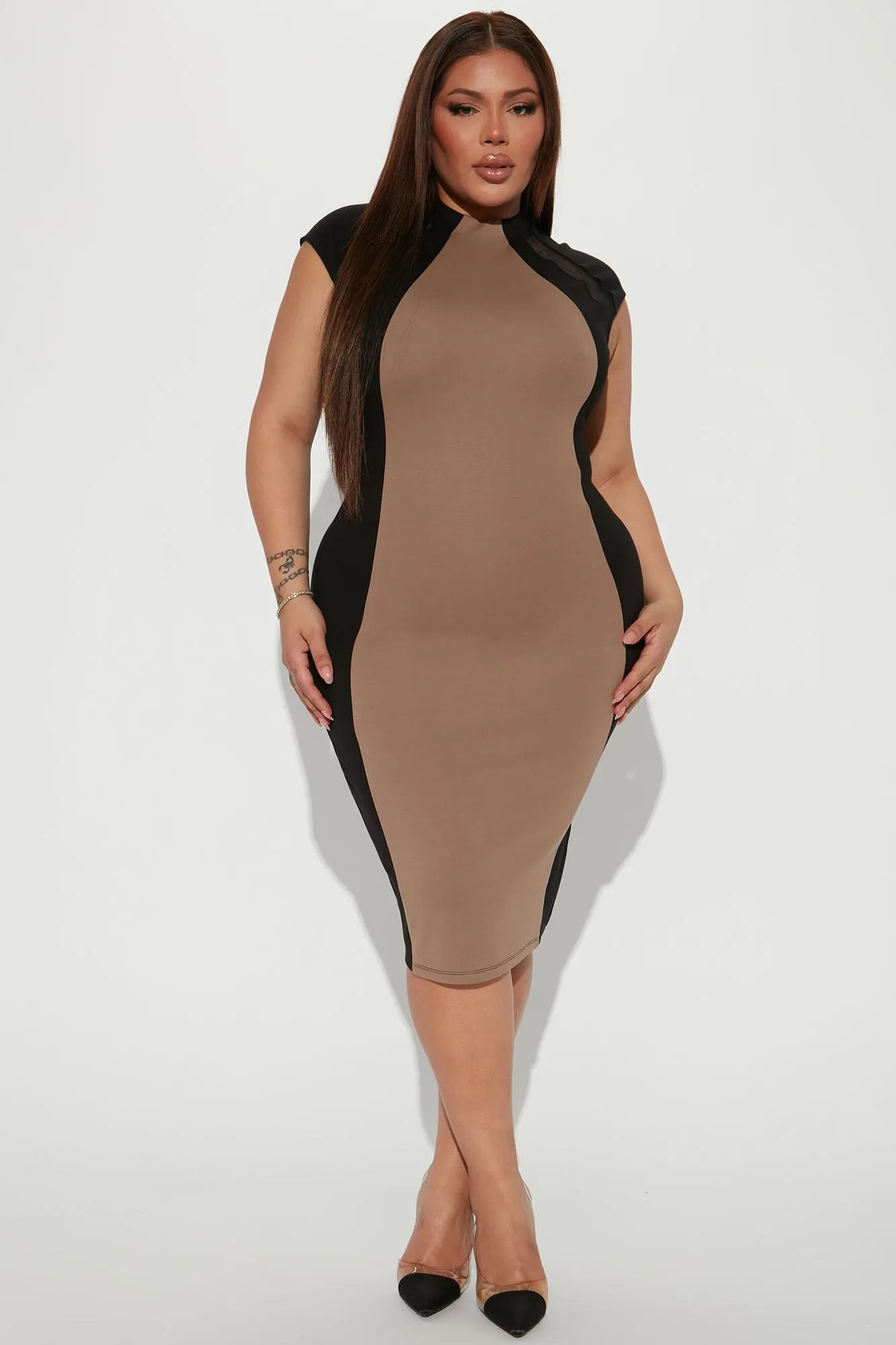 Black Tie Affair Midi Dress - Mocha/combo