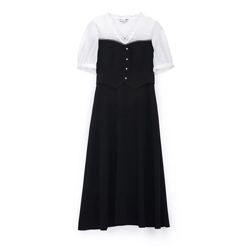 Black White Fake Two Pieces Waist Dress