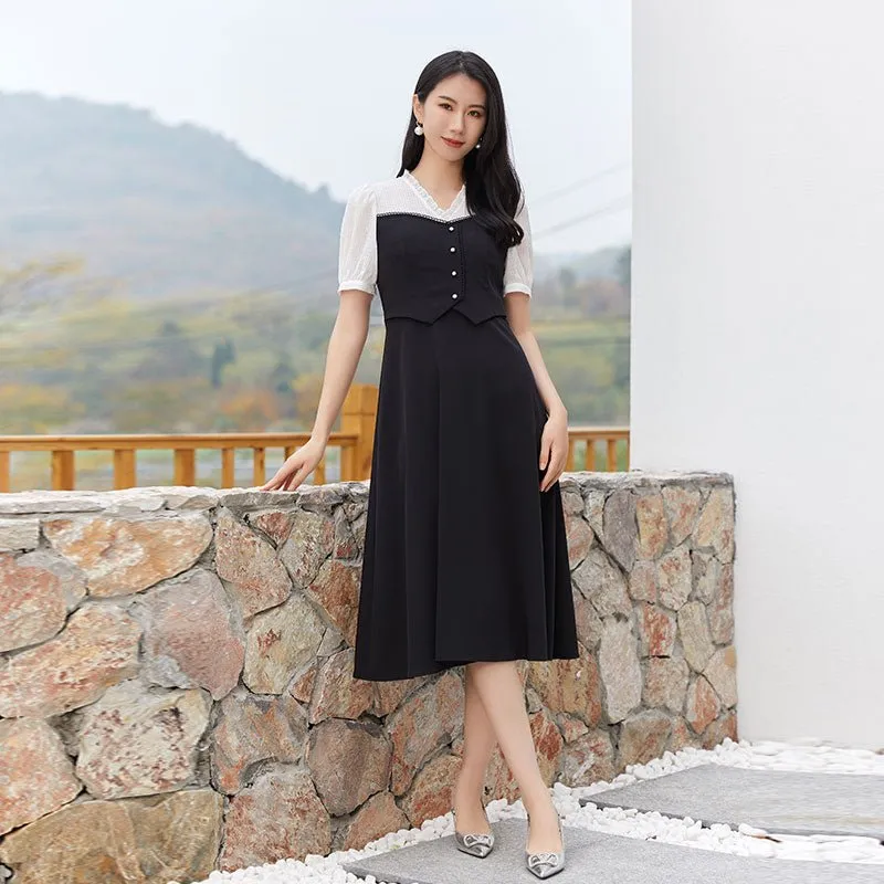 Black White Fake Two Pieces Waist Dress