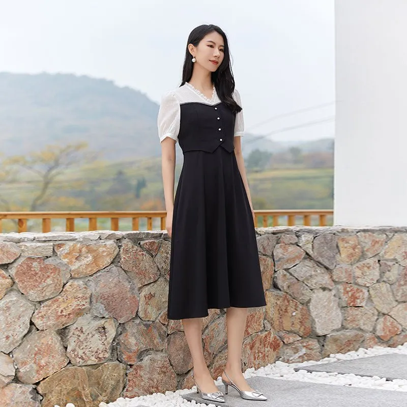 Black White Fake Two Pieces Waist Dress