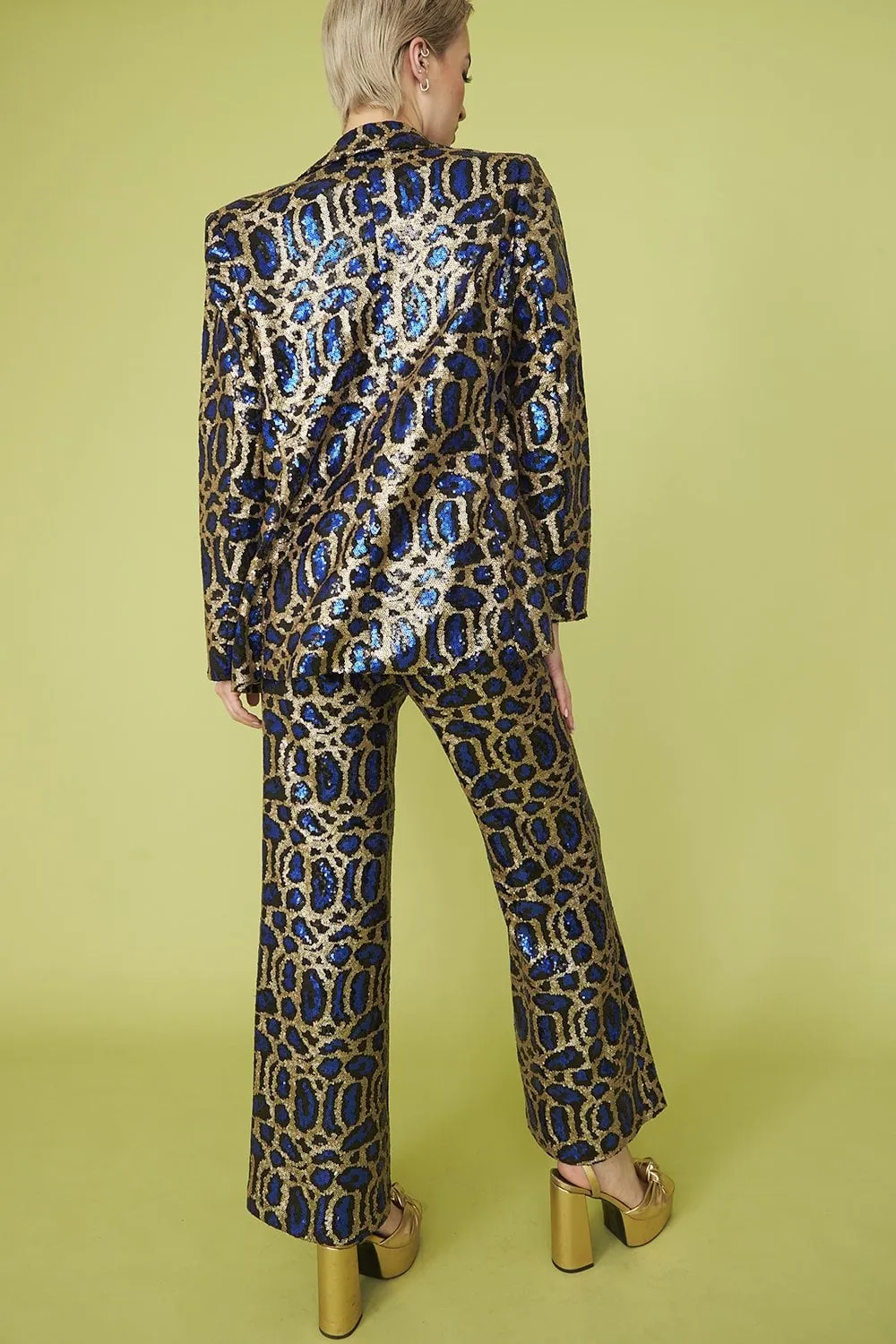 Blue Bamboo Animal Print Sequin Blazer