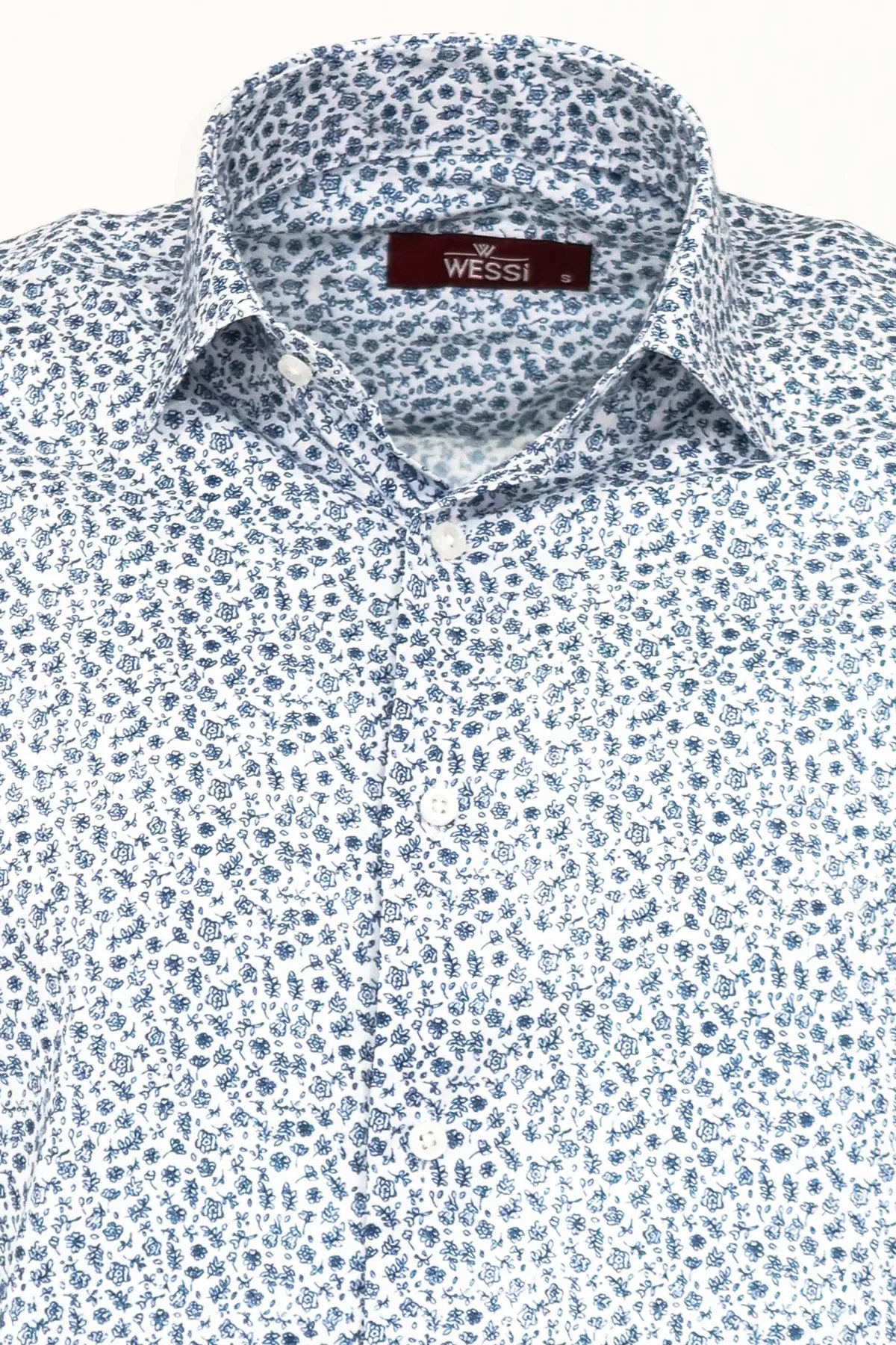 Blue Floral Patterned Slim Fit White Men Shirt - Wessi