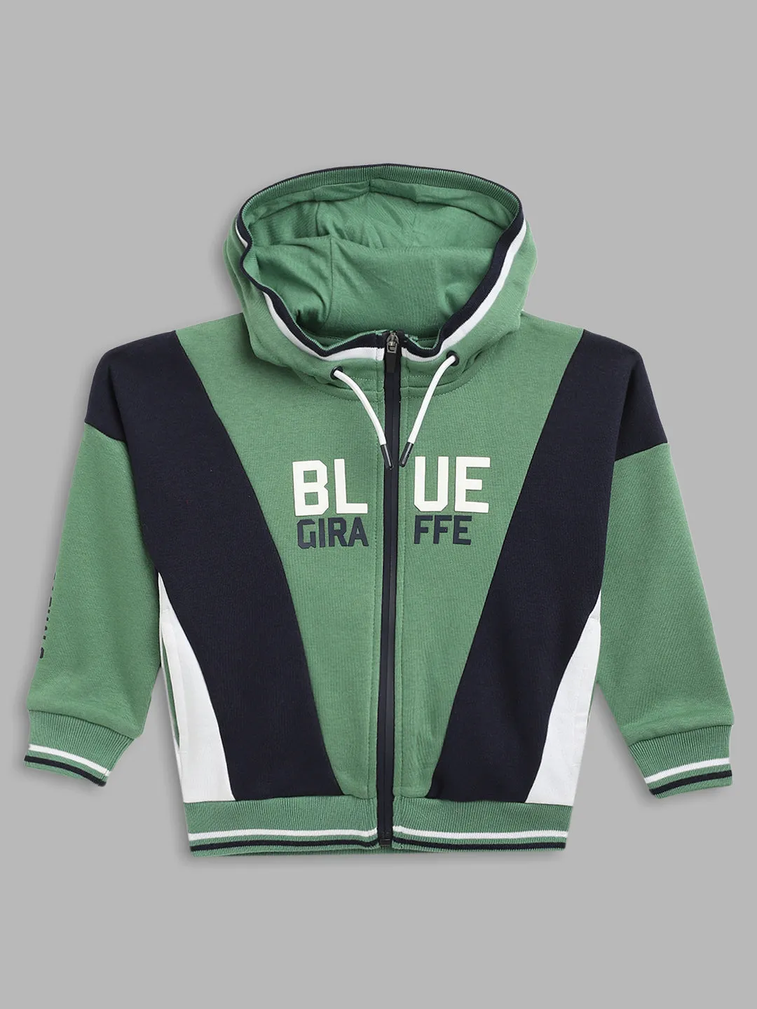 Blue Giraffe Boys Green Color-Blocked Hooded Full Sleeves Zip Through Hoodie