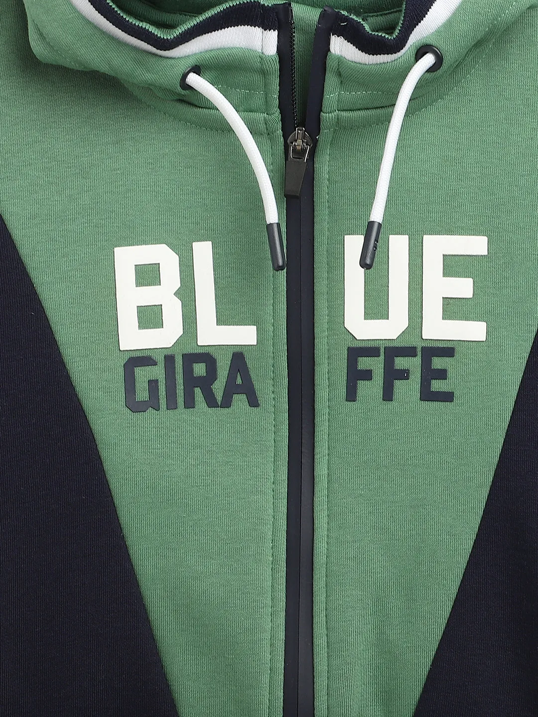 Blue Giraffe Boys Green Color-Blocked Hooded Full Sleeves Zip Through Hoodie