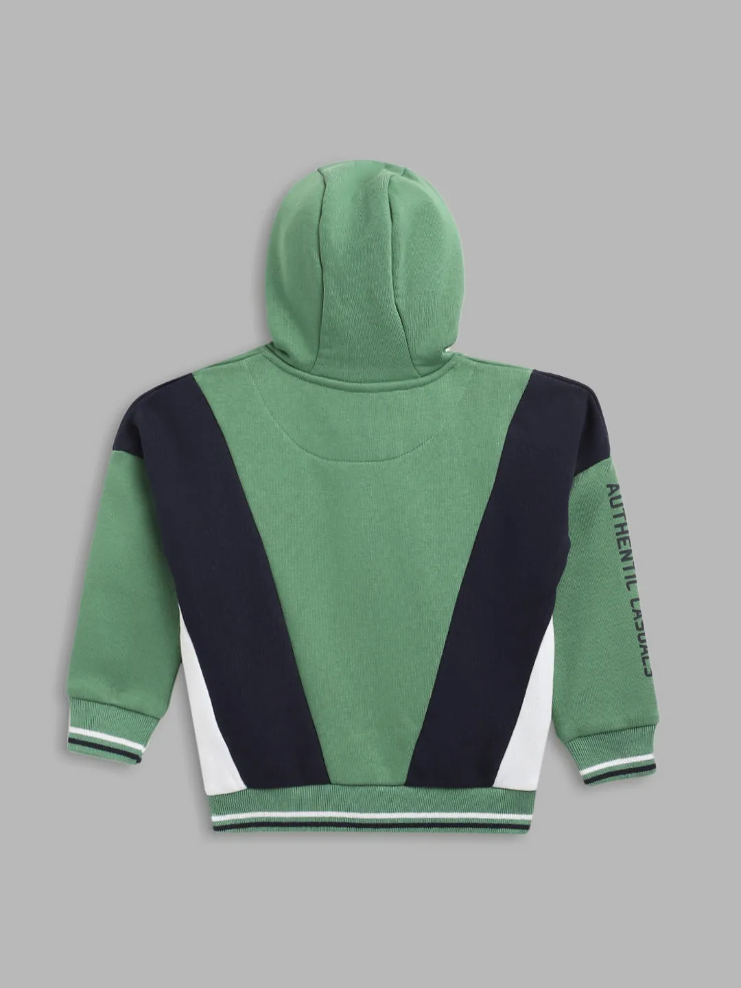 Blue Giraffe Boys Green Color-Blocked Hooded Full Sleeves Zip Through Hoodie