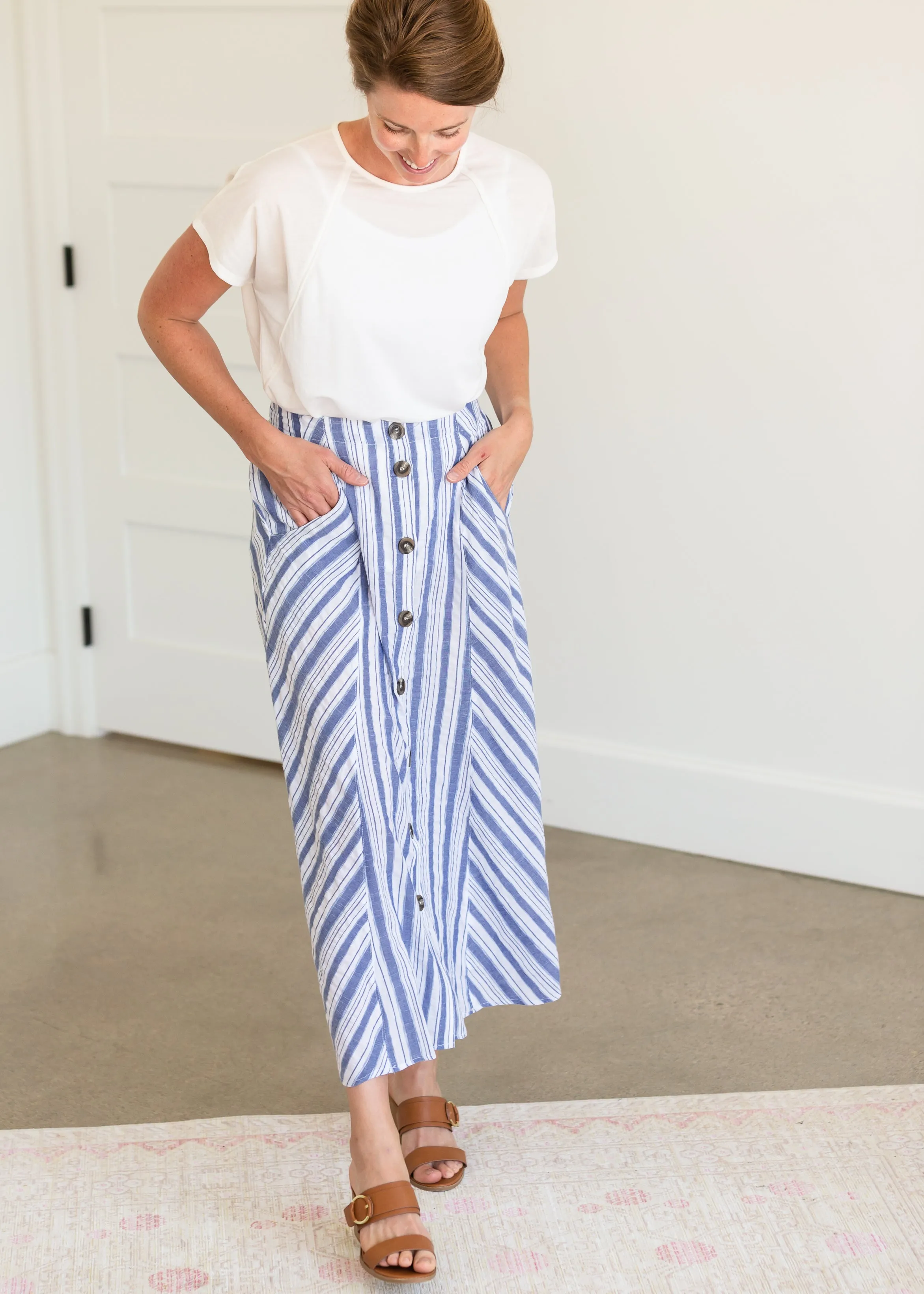 Blue Striped Button Down Midi Skirt - FINAL SALE