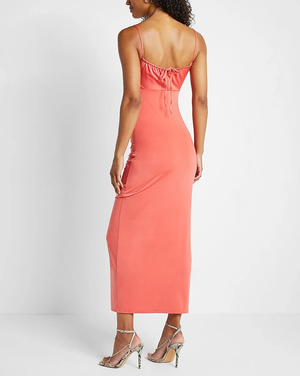 Body Contour Built-In Shapewear Ruched Midi Dress in Coral Orange