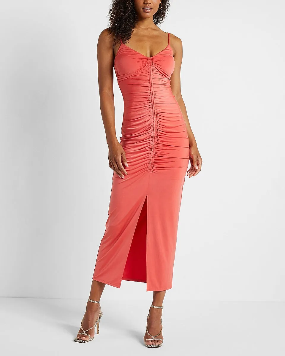 Body Contour Built-In Shapewear Ruched Midi Dress in Coral Orange