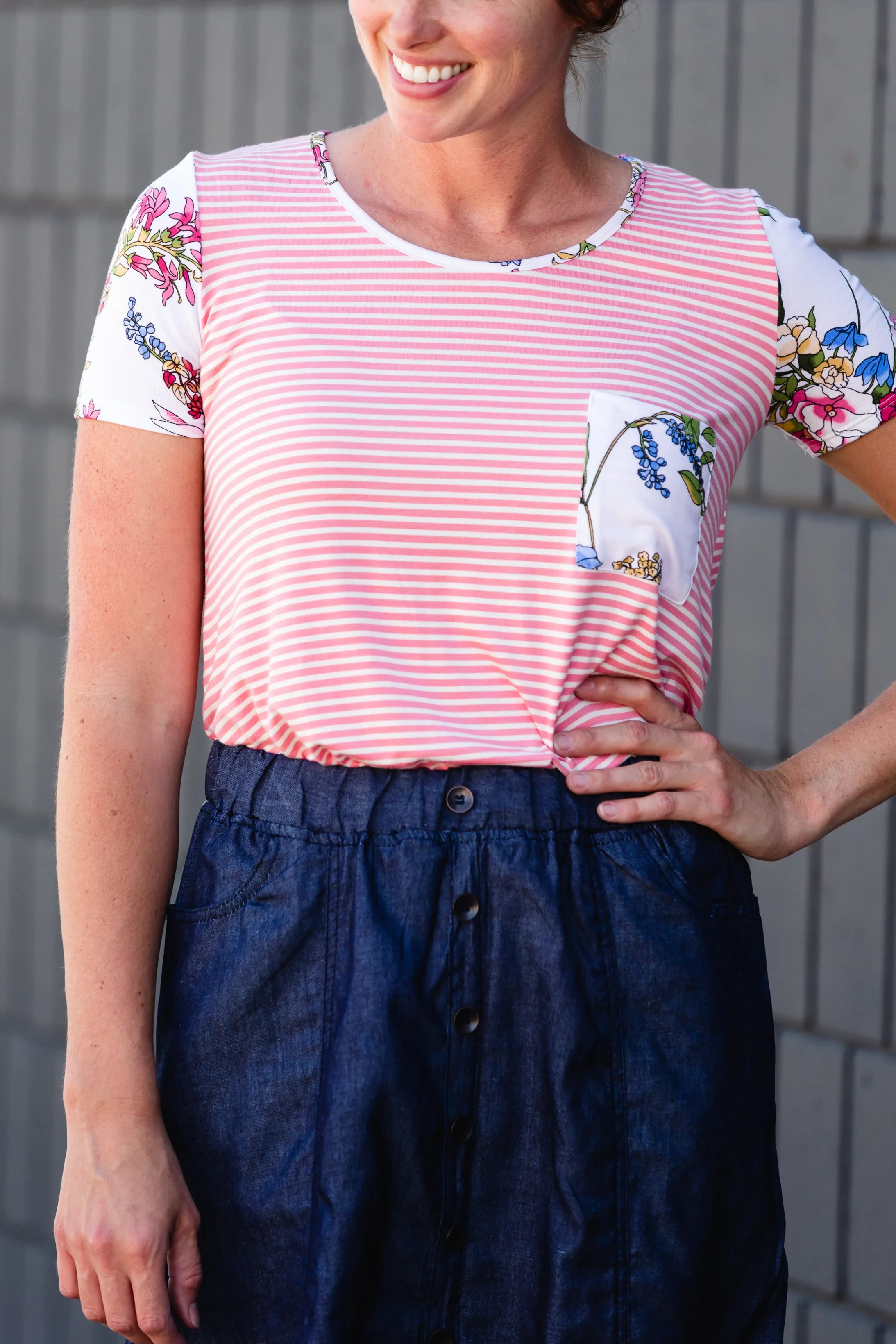 Button Front Stretch Waist Denim Midi Skirt - FINAL SALE
