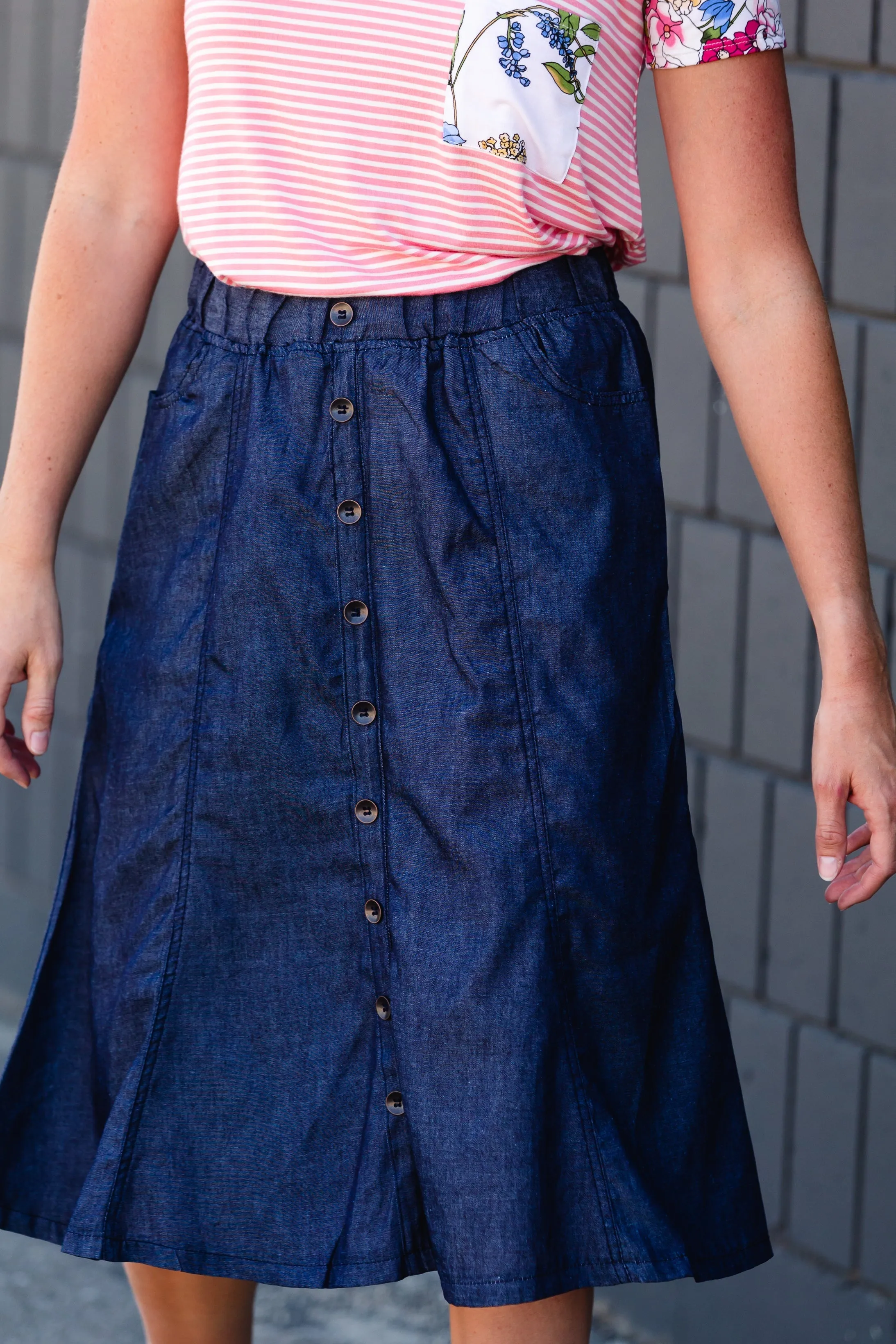 Button Front Stretch Waist Denim Midi Skirt - FINAL SALE