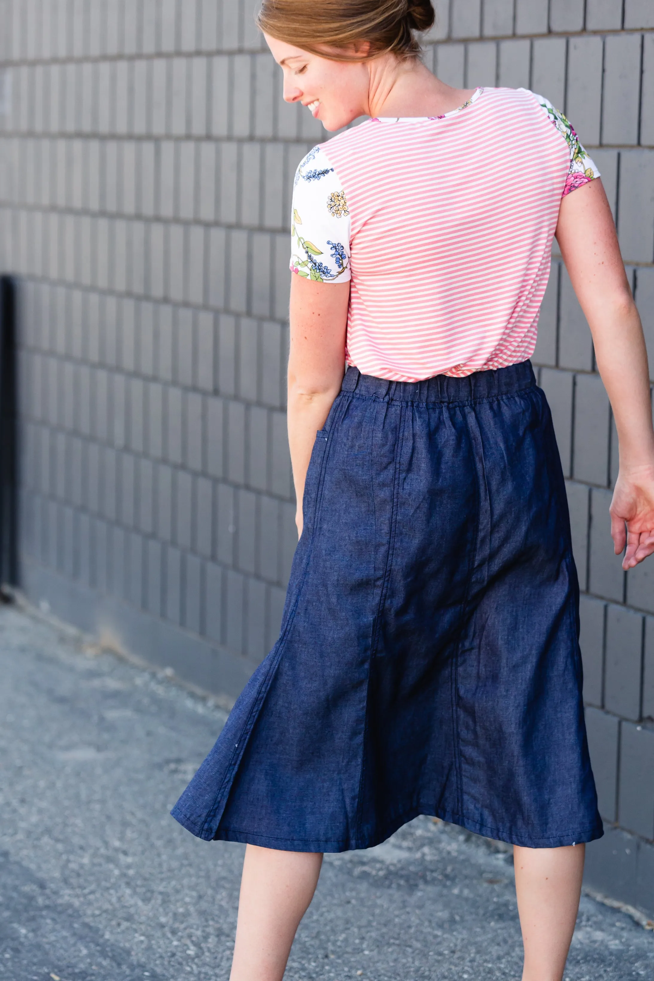Button Front Stretch Waist Denim Midi Skirt - FINAL SALE