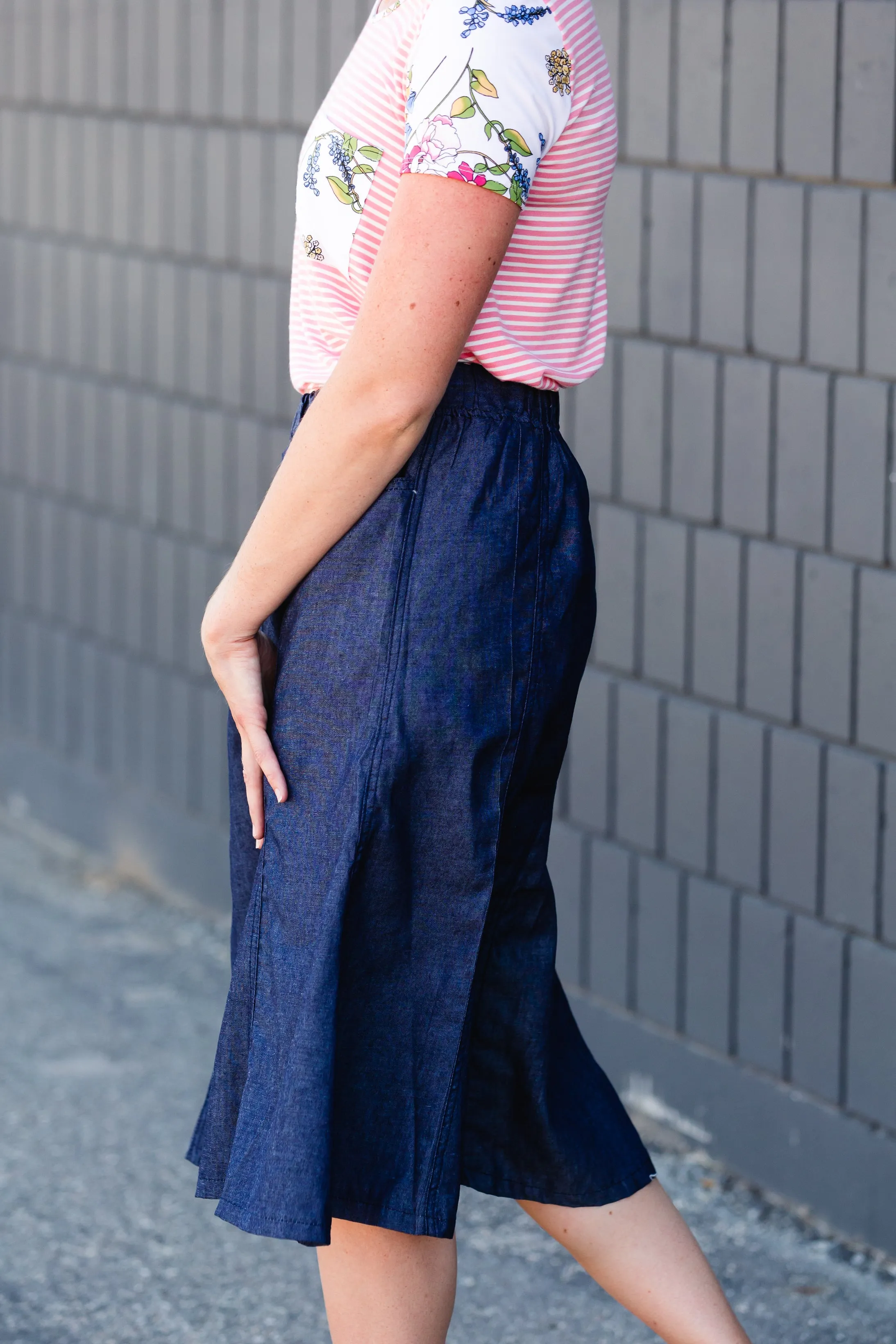 Button Front Stretch Waist Denim Midi Skirt - FINAL SALE