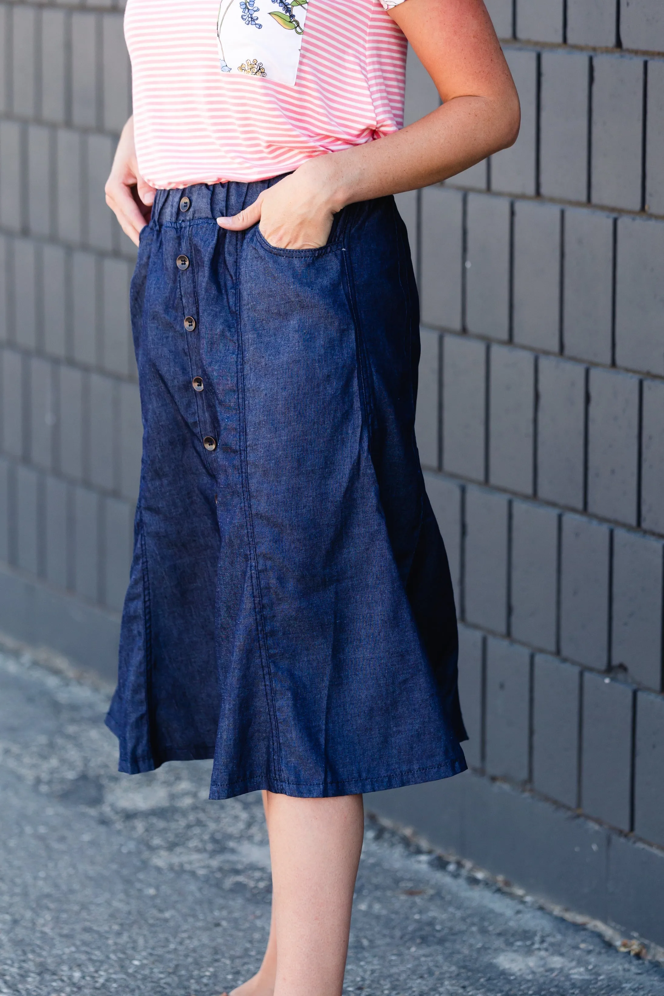 Button Front Stretch Waist Denim Midi Skirt - FINAL SALE