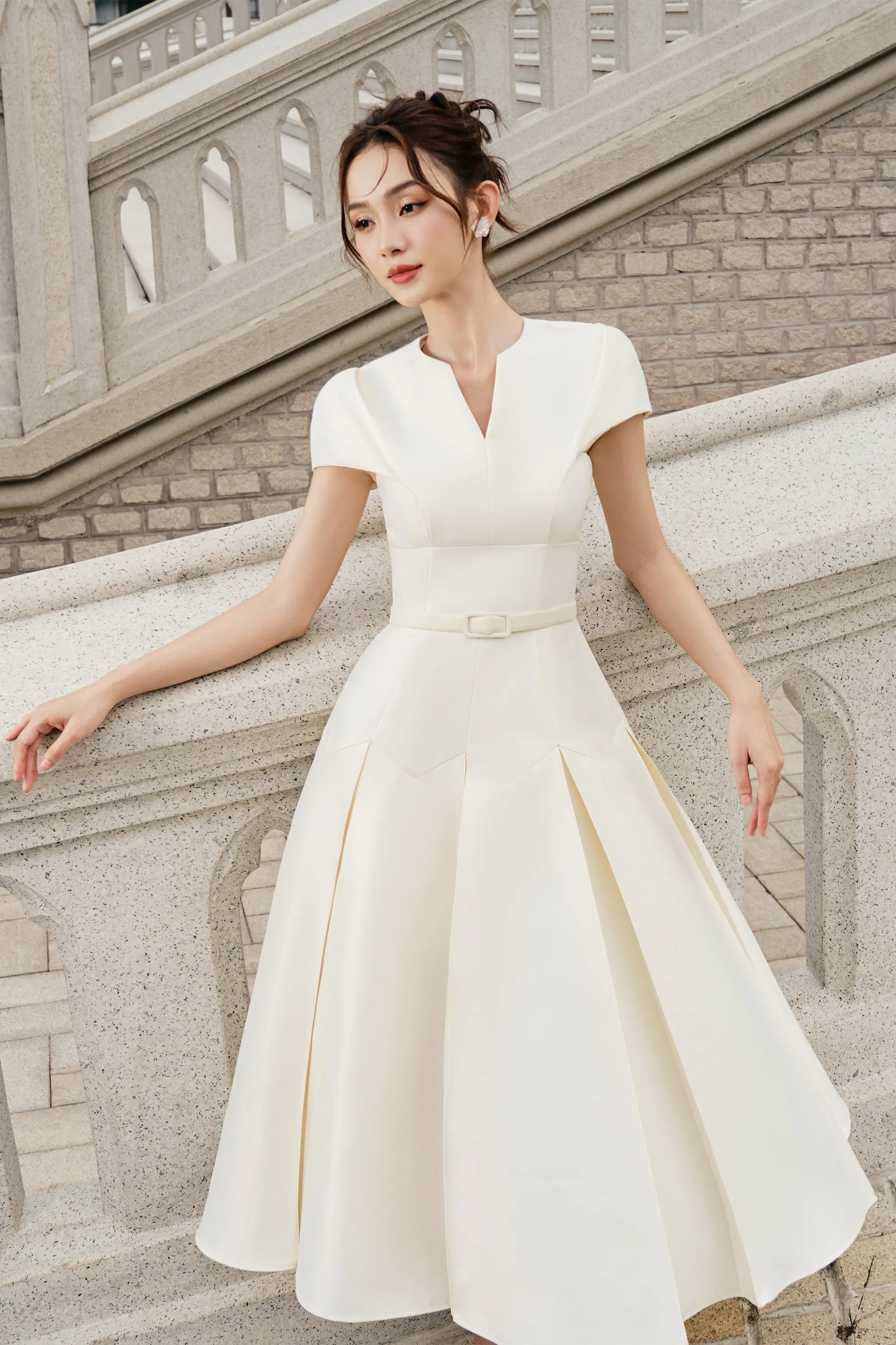 Calla Drop Waist Box Pleated Rayon Midi Dress