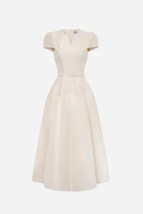 Calla Drop Waist Box Pleated Rayon Midi Dress