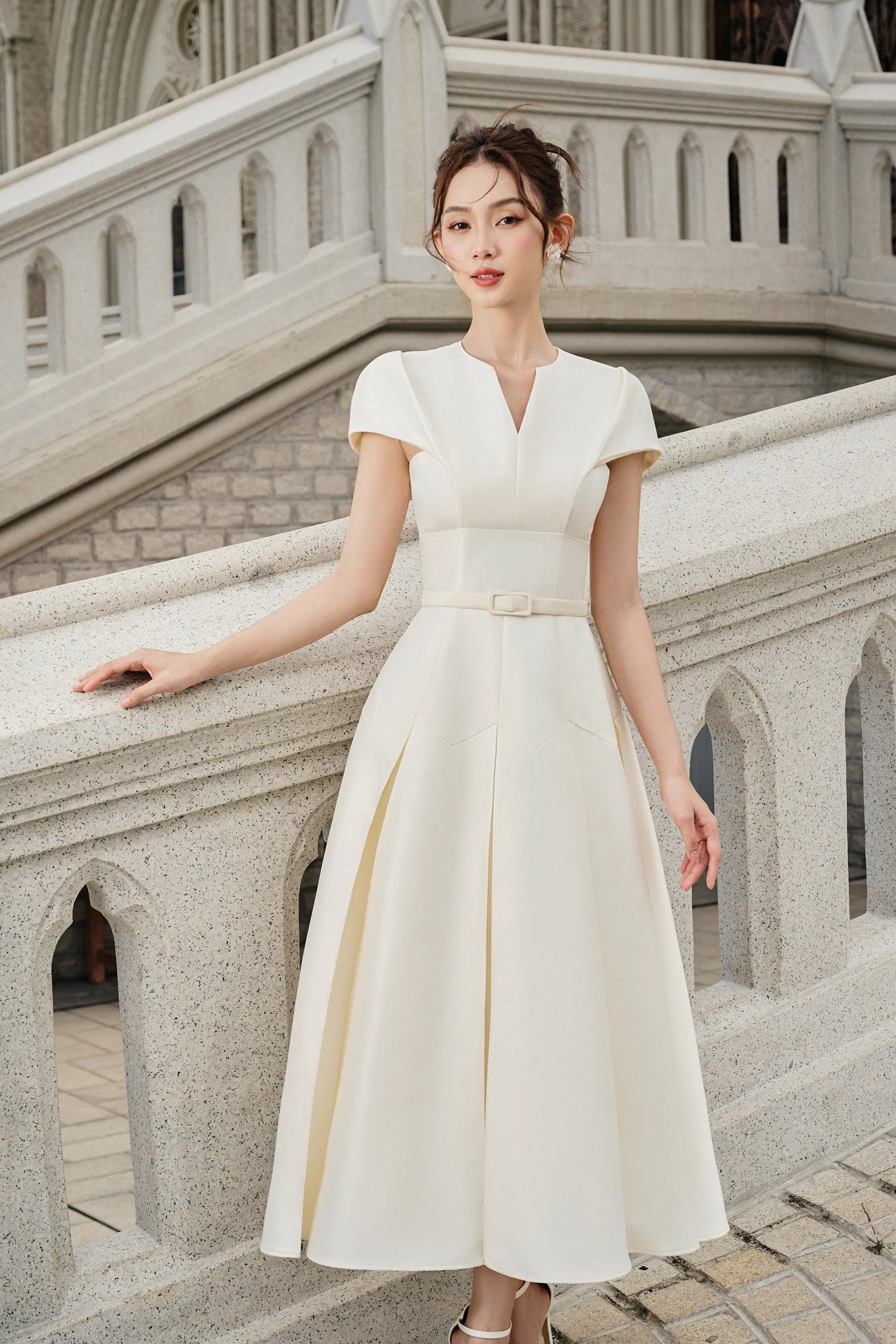 Calla Drop Waist Box Pleated Rayon Midi Dress