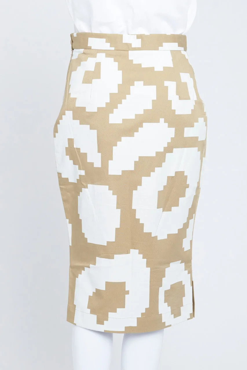 Camel and White Geometric Print Pencil Skirt
