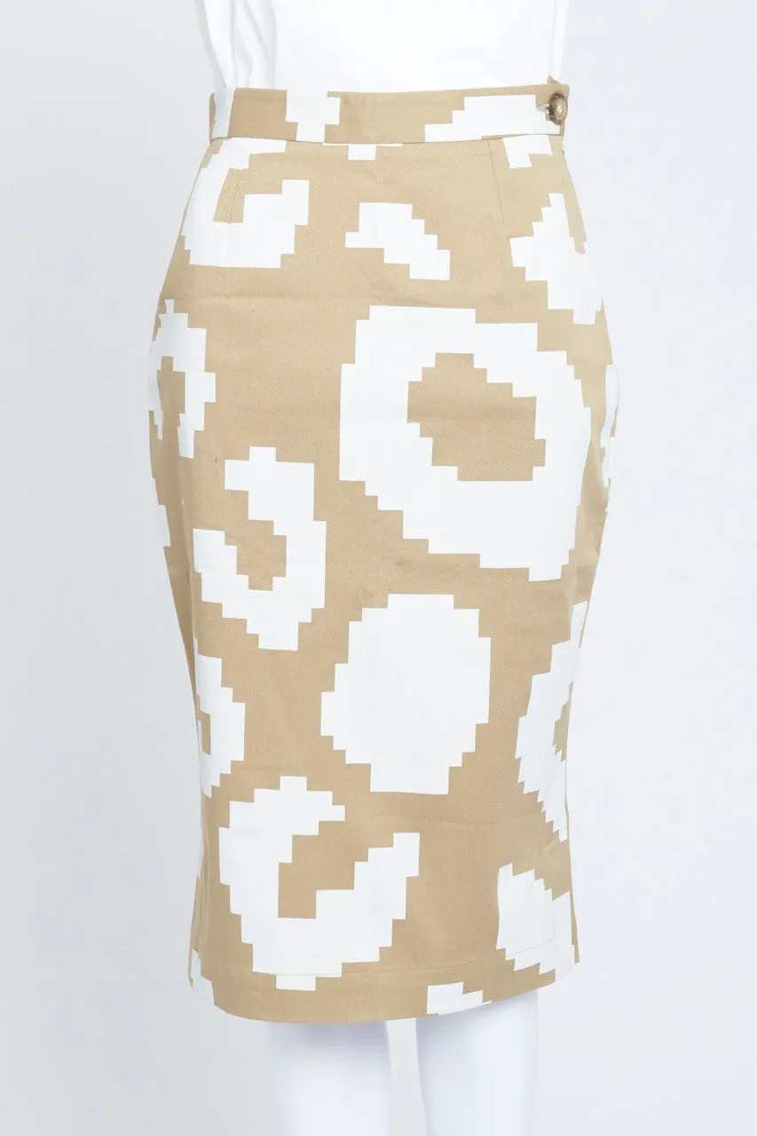 Camel and White Geometric Print Pencil Skirt