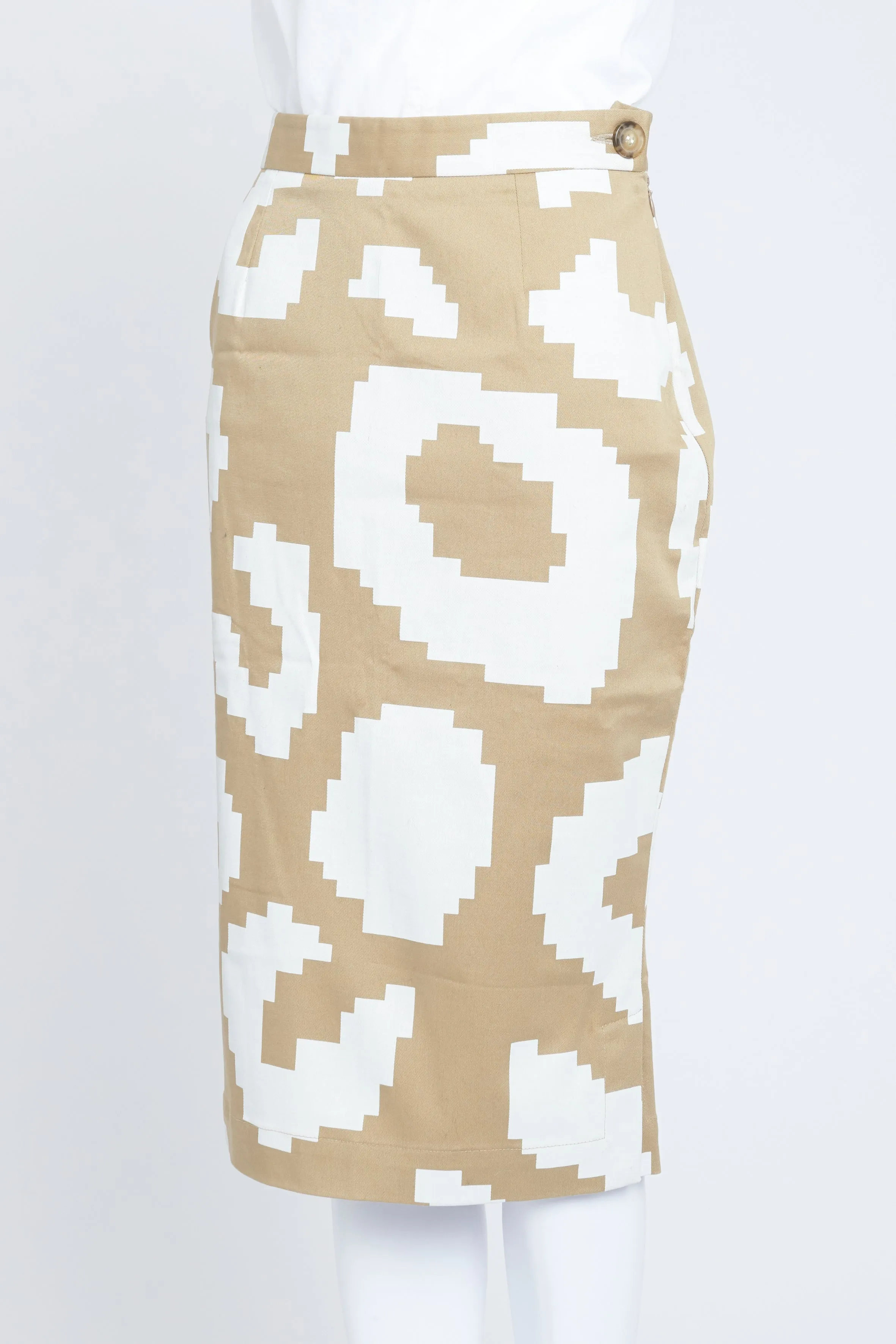 Camel and White Geometric Print Pencil Skirt