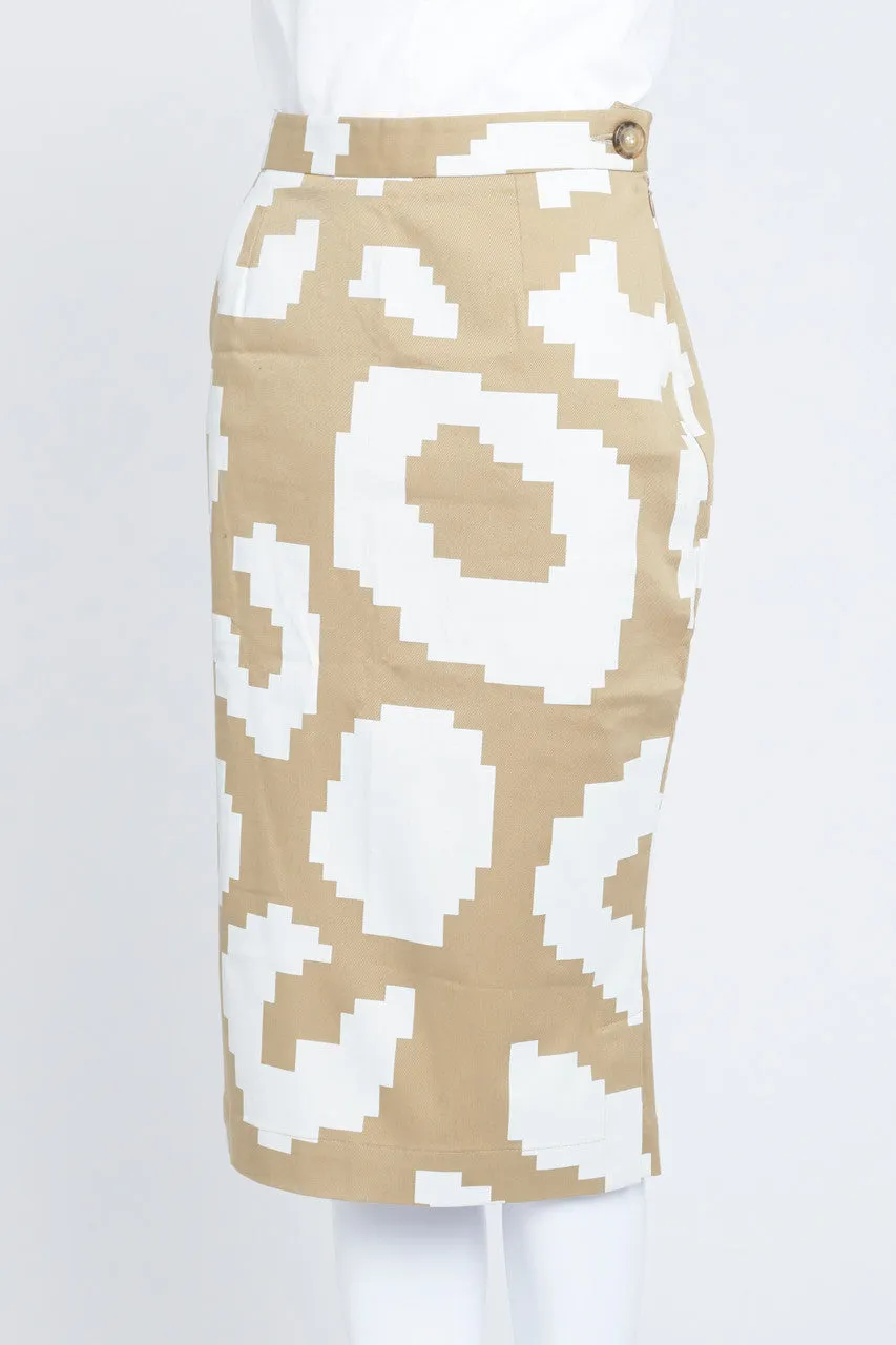 Camel and White Geometric Print Pencil Skirt