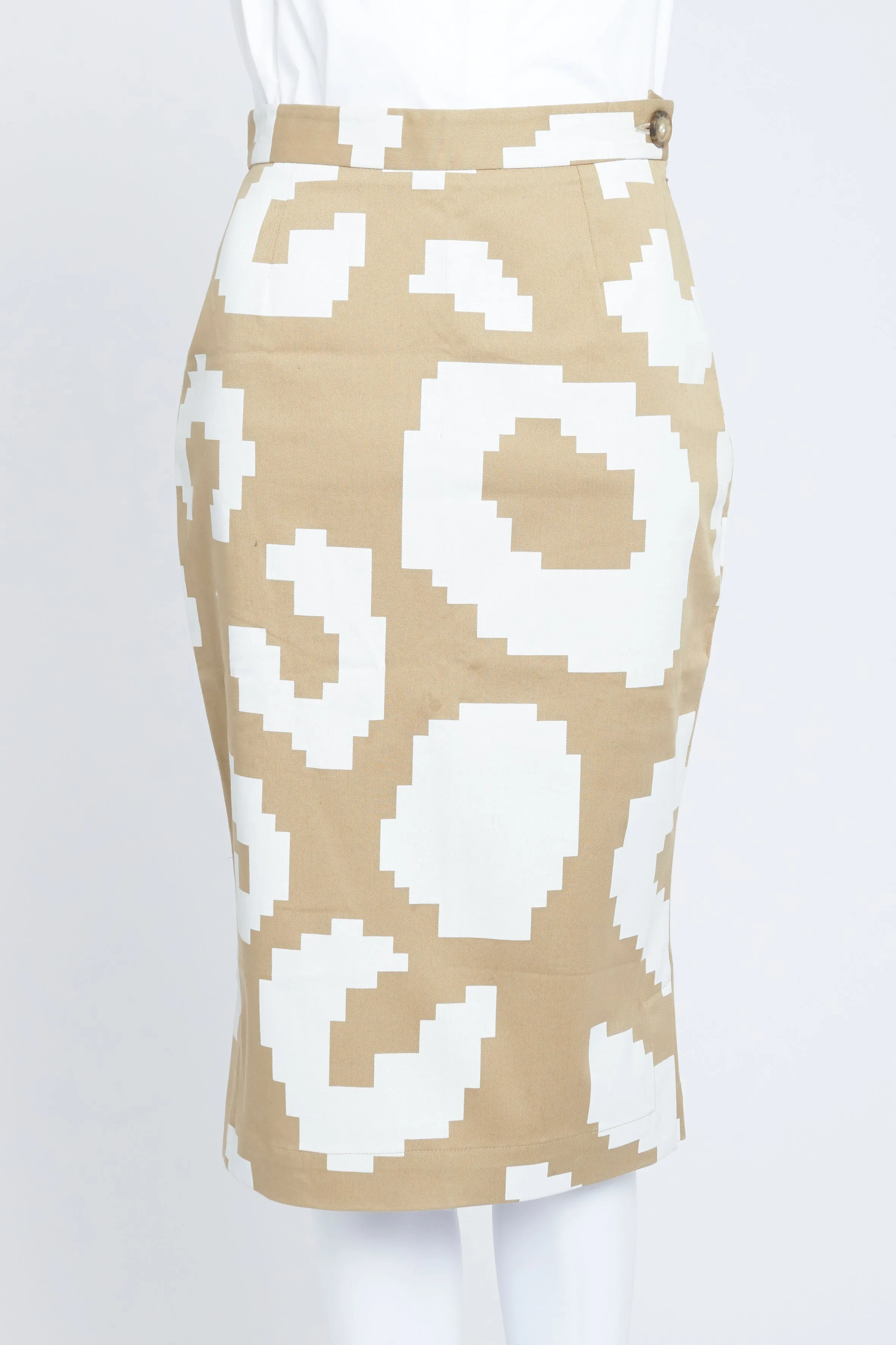 Camel and White Geometric Print Pencil Skirt