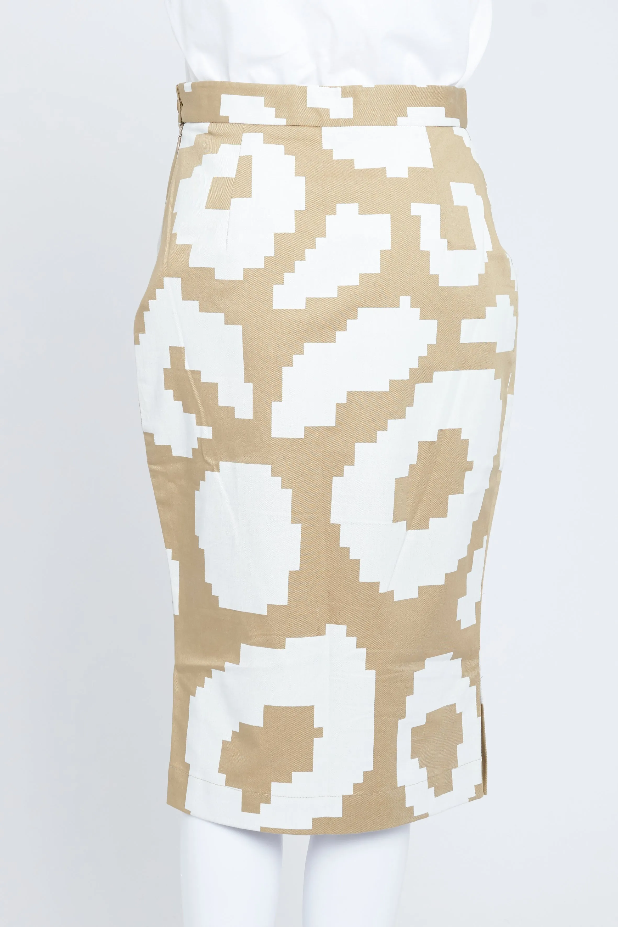 Camel and White Geometric Print Pencil Skirt