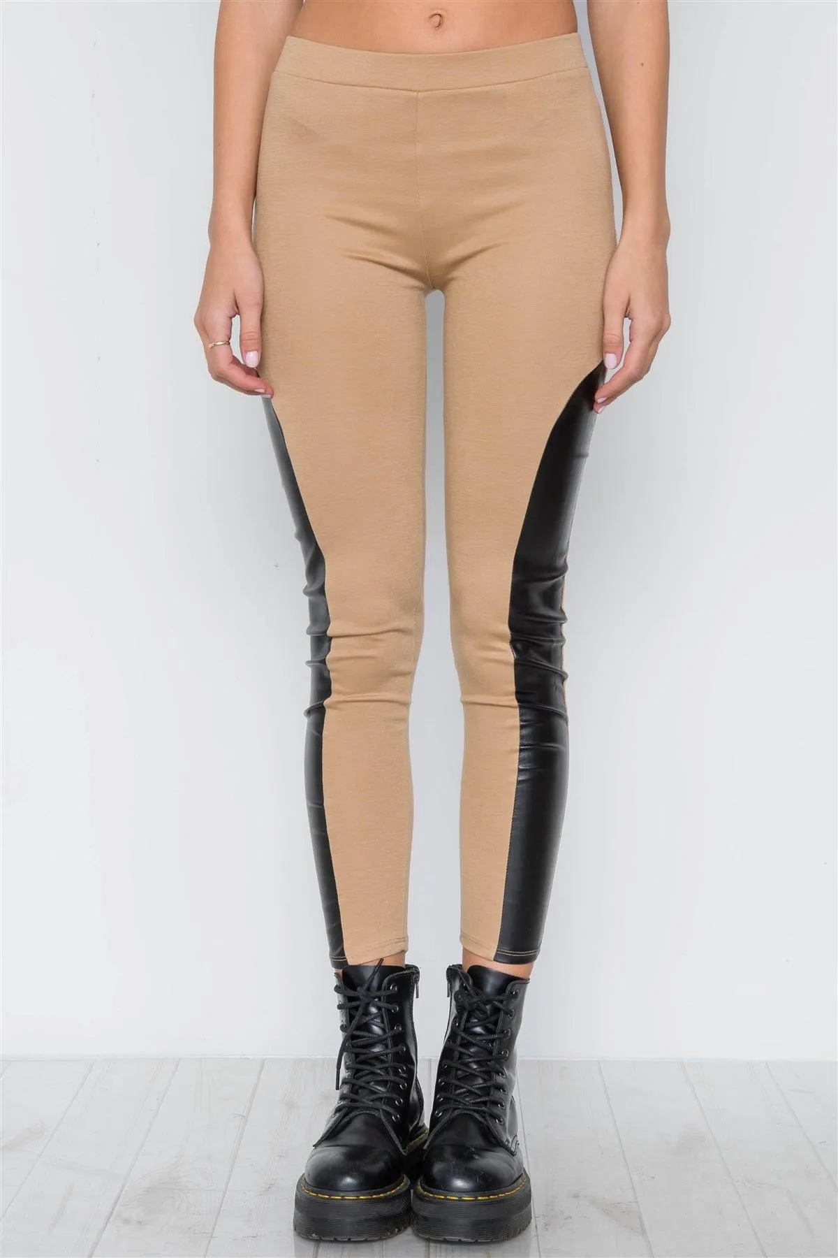 Camel Faux Leather Sides Mid-Rise Leggings