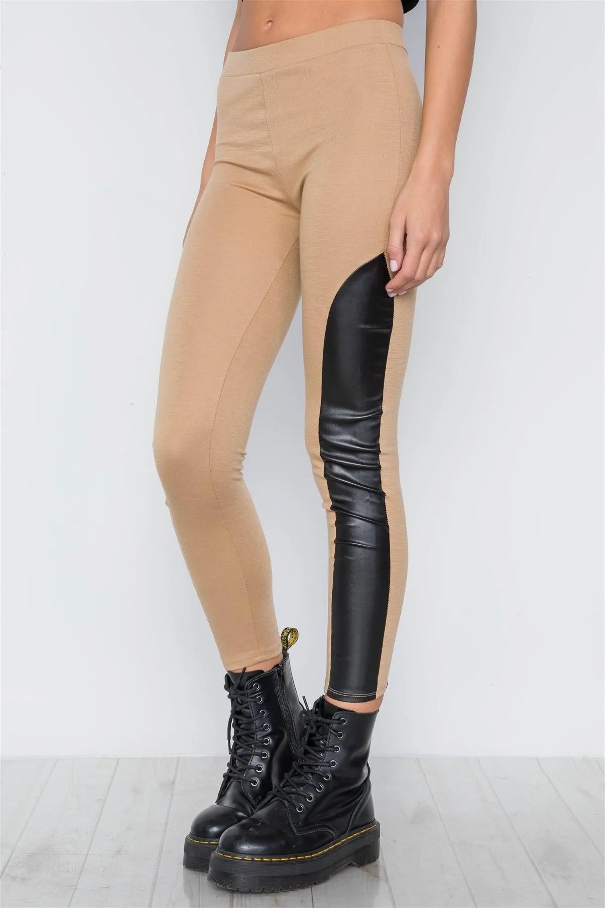 Camel Faux Leather Sides Mid-Rise Leggings