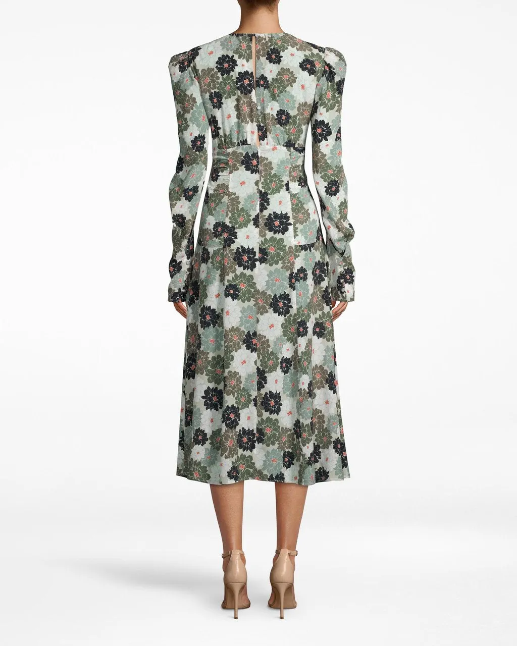 Camo Delilah Silk Long Sleeve Keyhole Dress In Khaki Multi