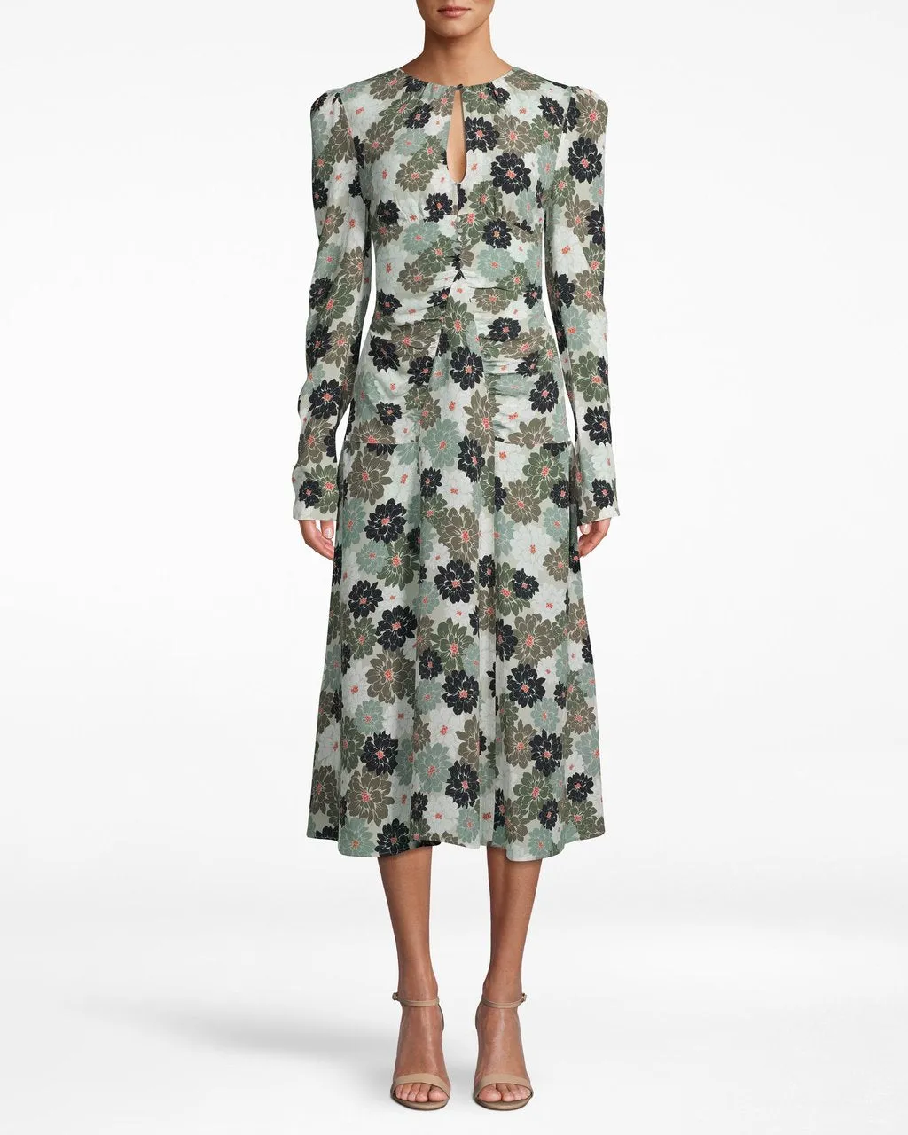 Camo Delilah Silk Long Sleeve Keyhole Dress In Khaki Multi