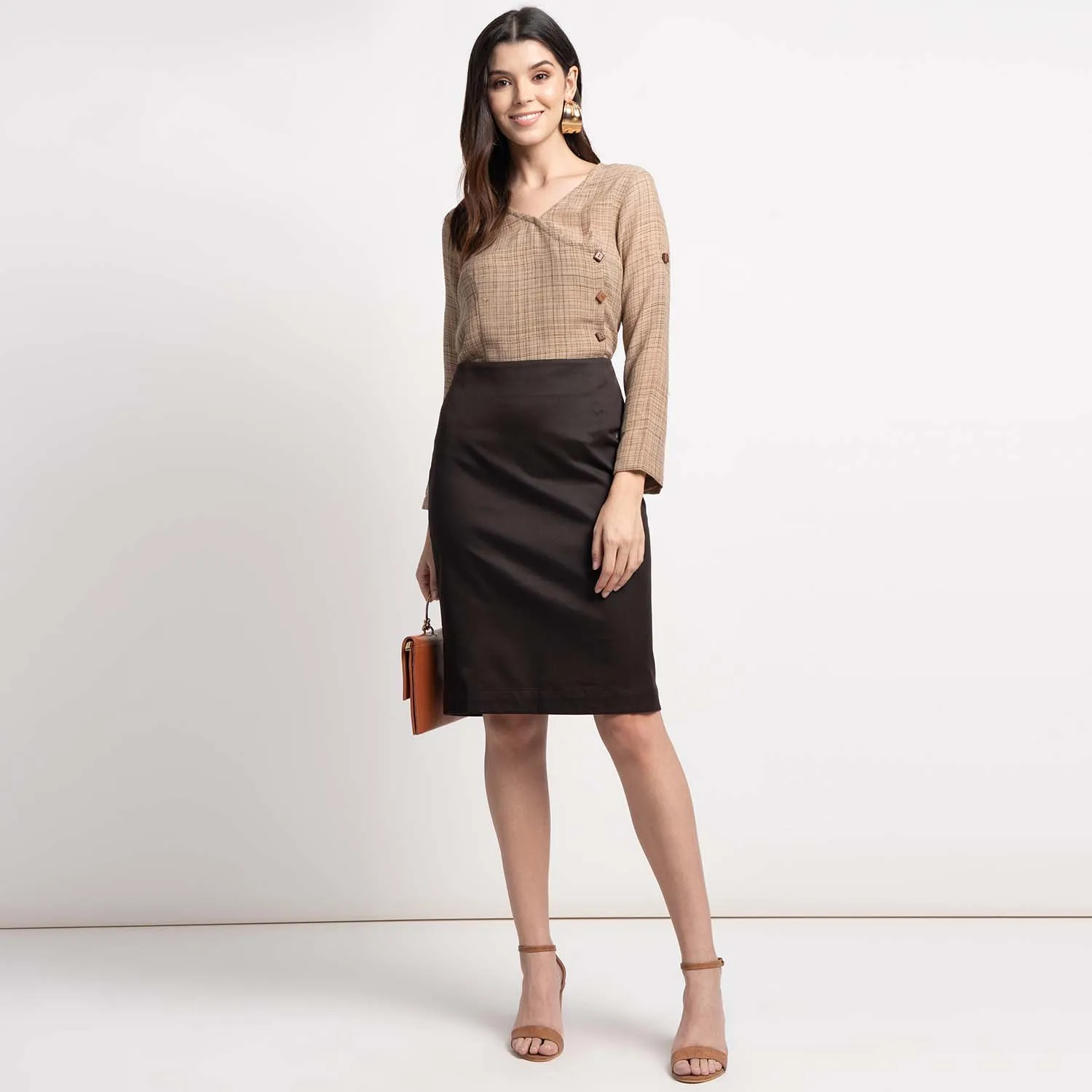 Chocolate Brown Poly Cotton Women's Straight Skirt