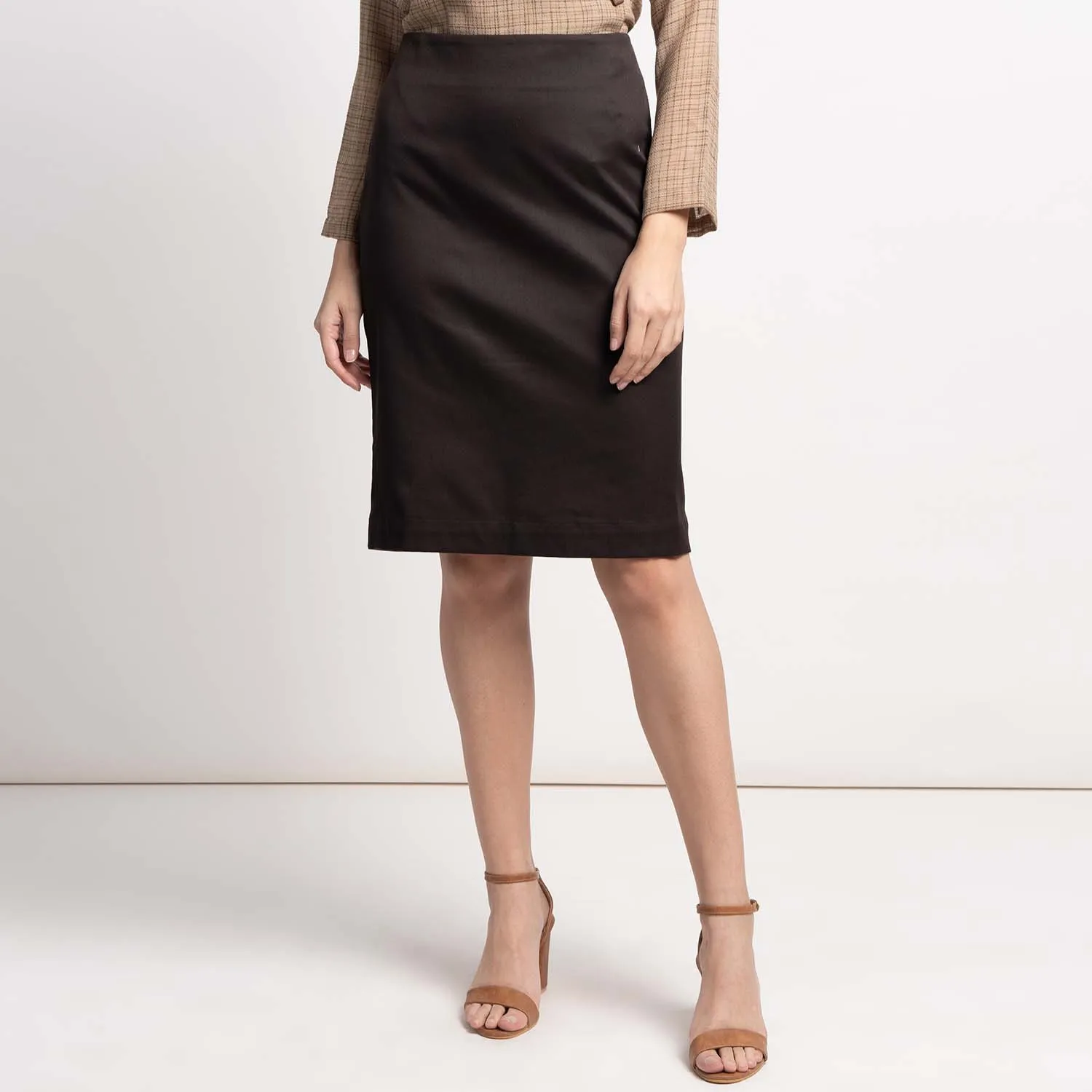 Chocolate Brown Poly Cotton Women's Straight Skirt