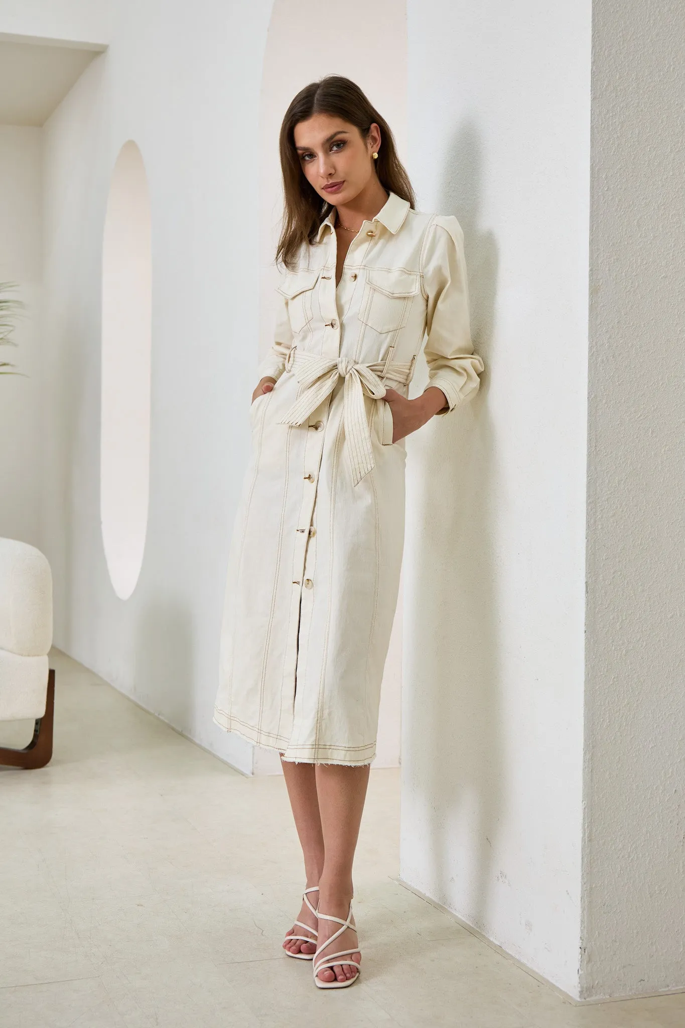 Cleo Cream Button Down Belted Midi Dress