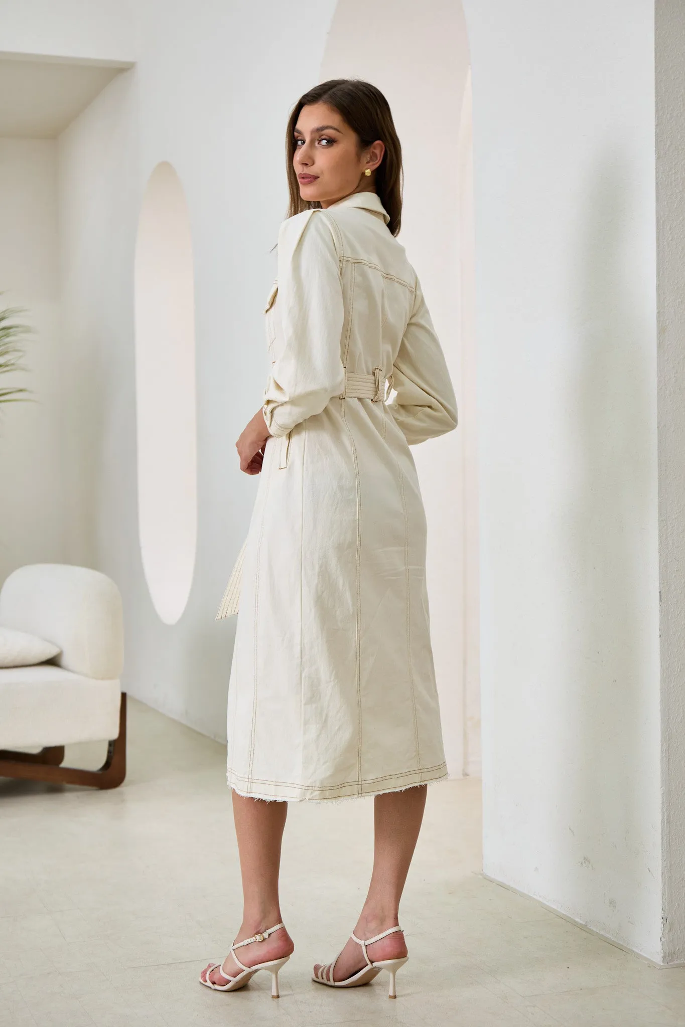 Cleo Cream Button Down Belted Midi Dress