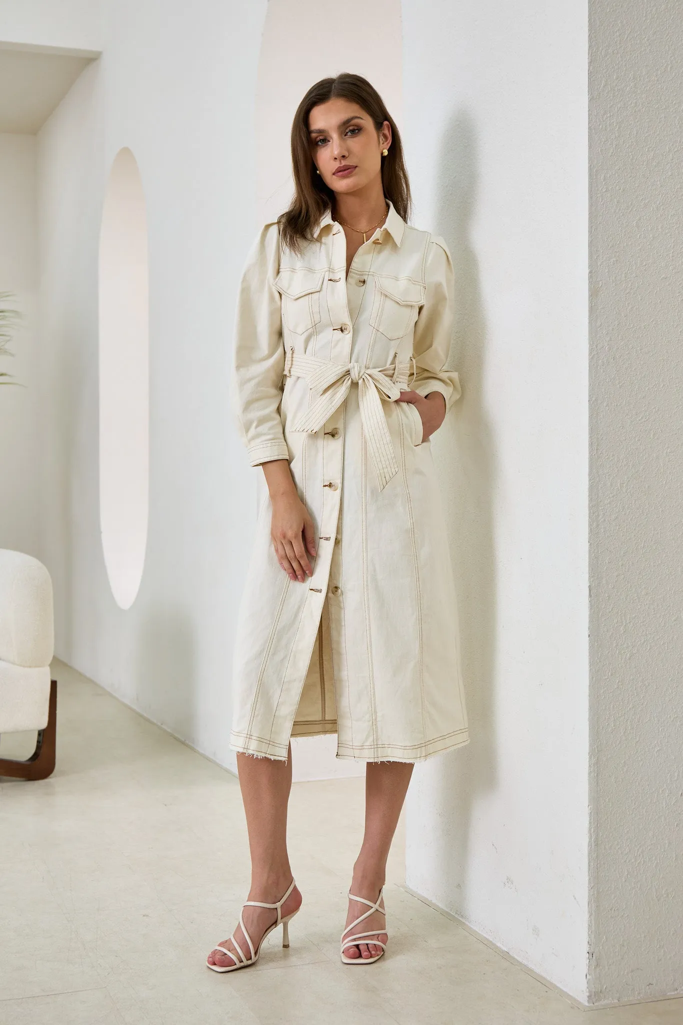 Cleo Cream Button Down Belted Midi Dress