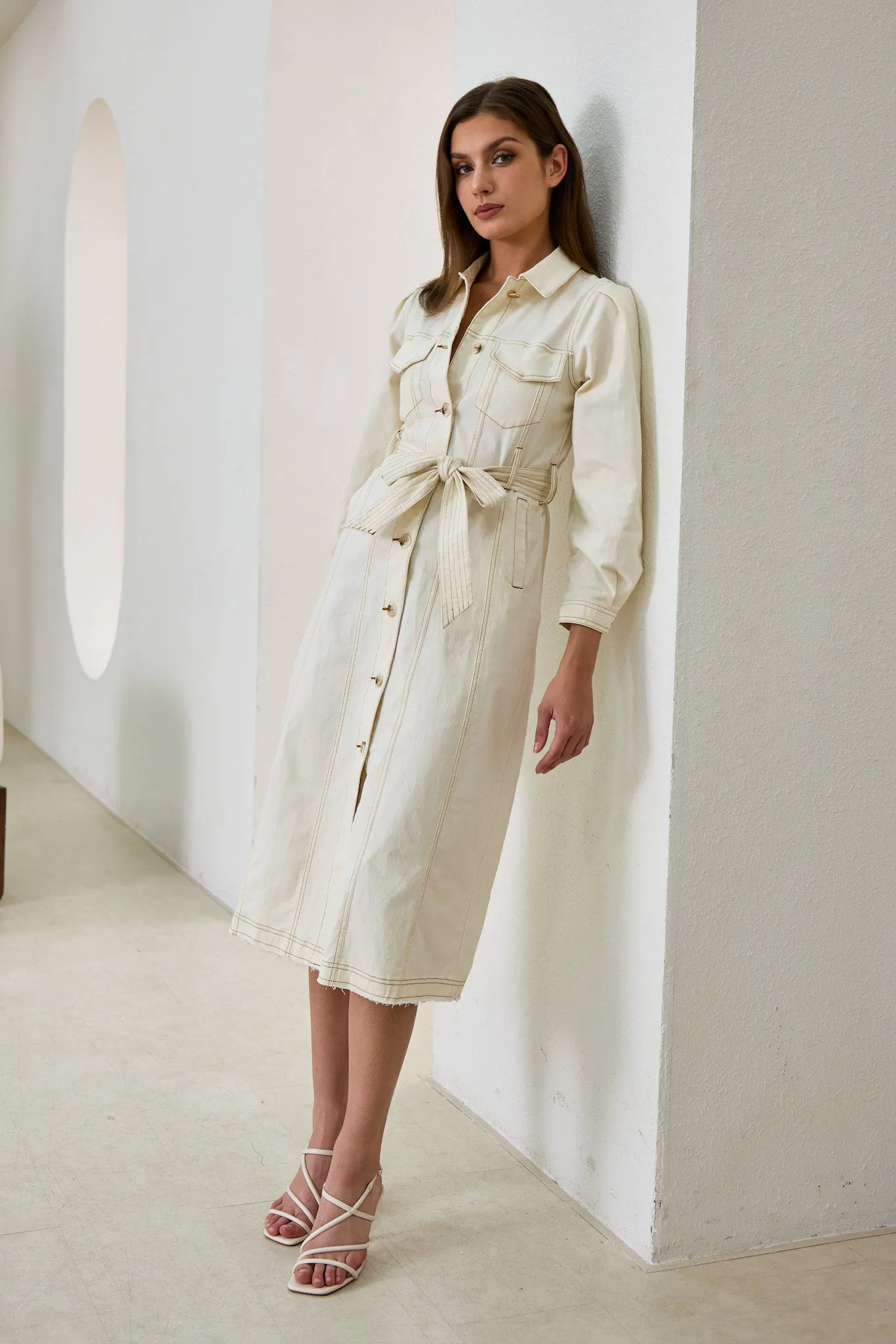 Cleo Cream Button Down Belted Midi Dress