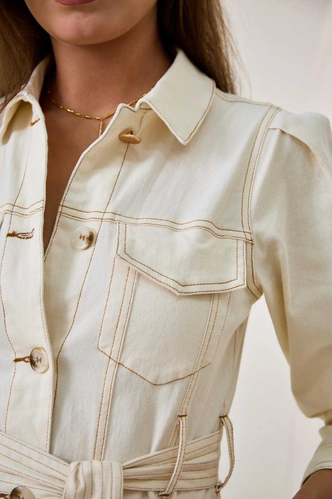 Cleo Cream Button Down Belted Midi Dress
