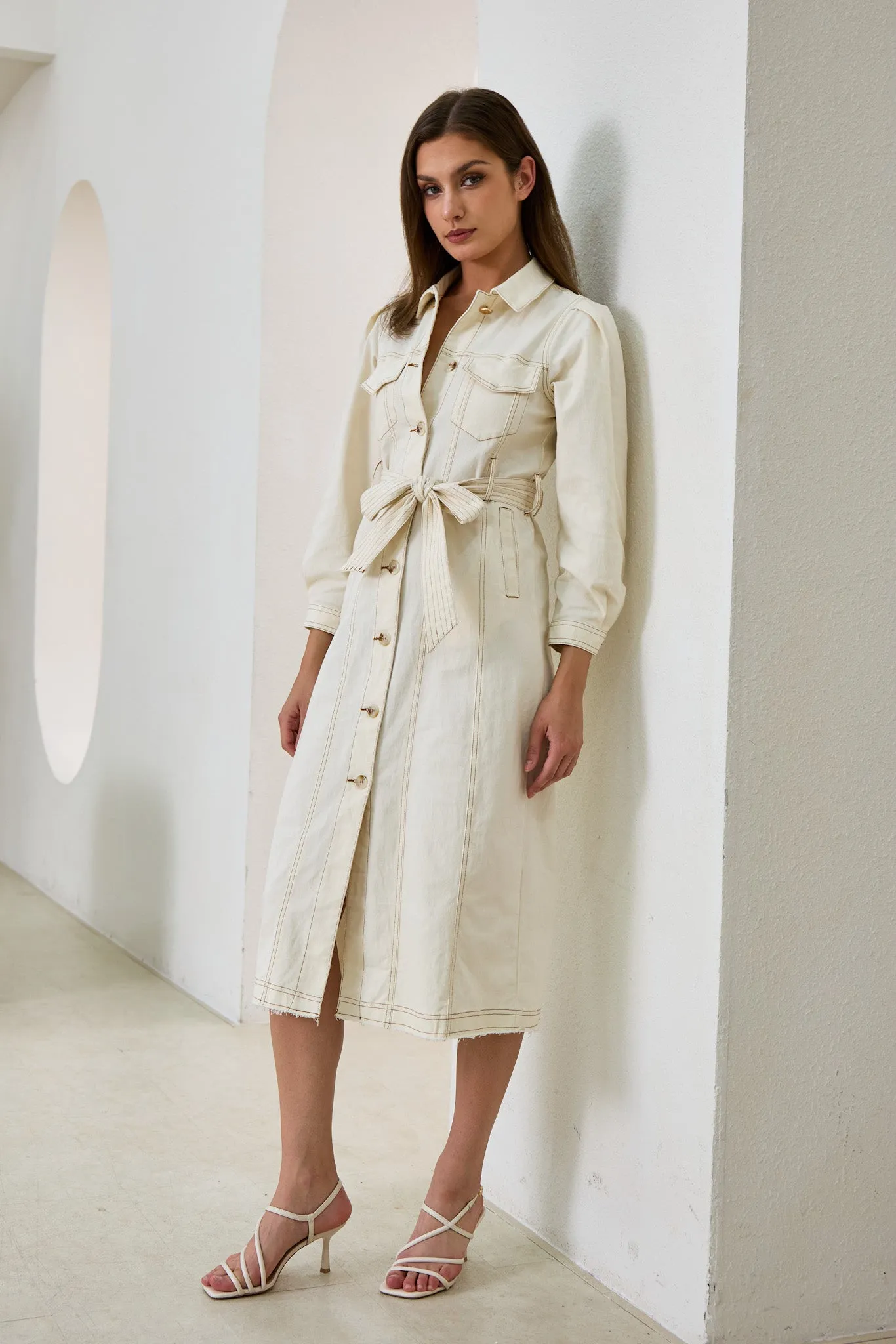 Cleo Cream Button Down Belted Midi Dress